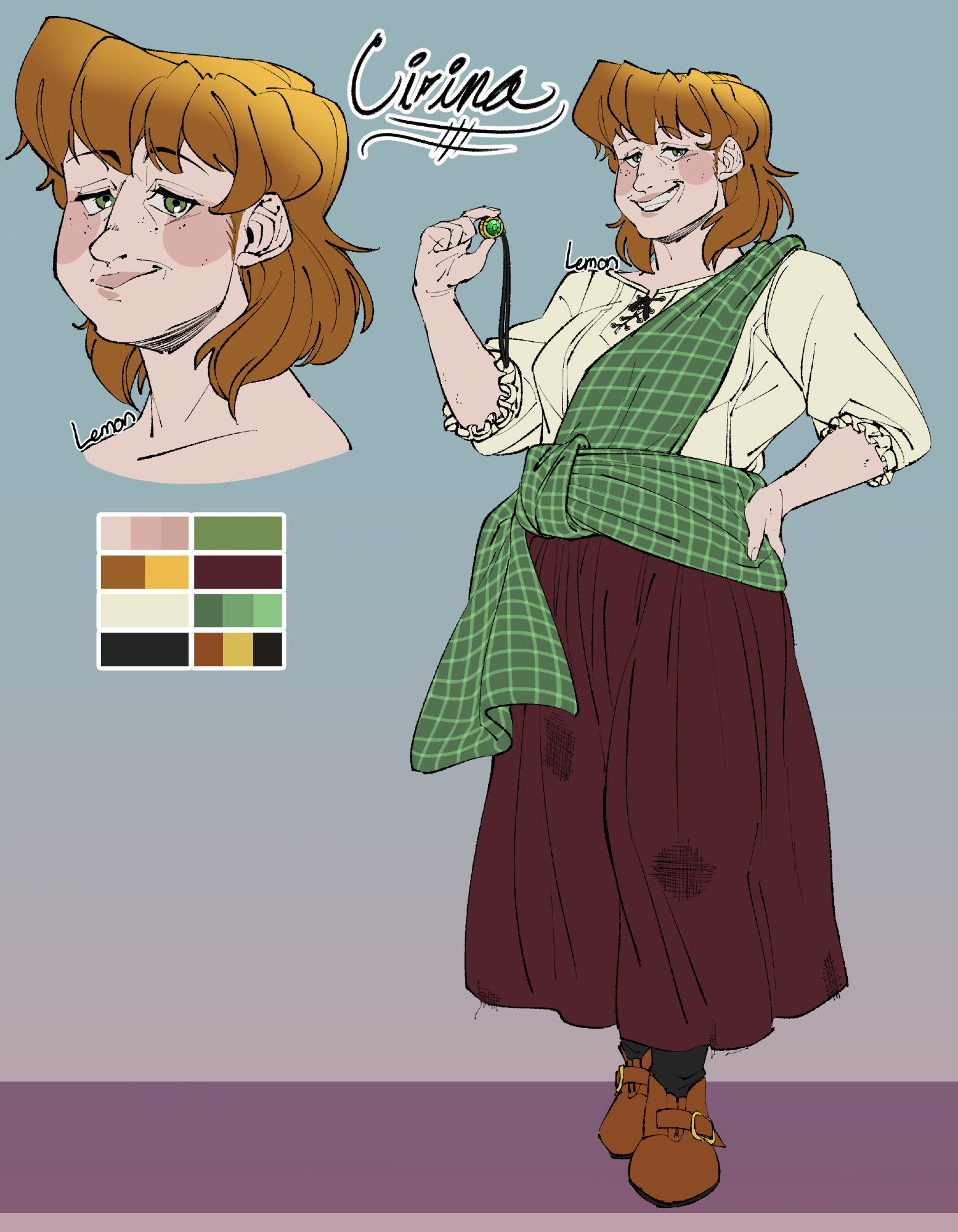 Reference of original character Cirina, an average, pale woman with earthy tones in her color palette. Her face has a wide jawline, a prominent chin, a long nose with a bump at the tip, downturned green eyes with prominent eyelid folds, laugh and smile line wrinkles, freckles, thin eyebrows, and pale rosy cheeks. Her medium length, slightly wavy hair is a ginger gradient, with lighter yellow-orange at the root and darker orange towards the tips. She has choppy bangs and the hair at the back of her head curves around her thin neck to frame her face. She's wearing a cream colored blouse that has 3/4 sleeves with frills, sewing lines that create a sort of form-fitting garment, and a wide neckline that laces up in the front. She has a green gingham sash wrapped around her chest and waist asymmetrically, tying into a large loose knot on her right hip. Her brick red maxi skirt appears thick and warn, with loose threads fraying at the bottom and several points of wear marked along the length. She's wearing black socks with her orange-brown buckled shoes. She's holding the bright green gem portion of a necklace with a gold case for the gem and a dark thread.