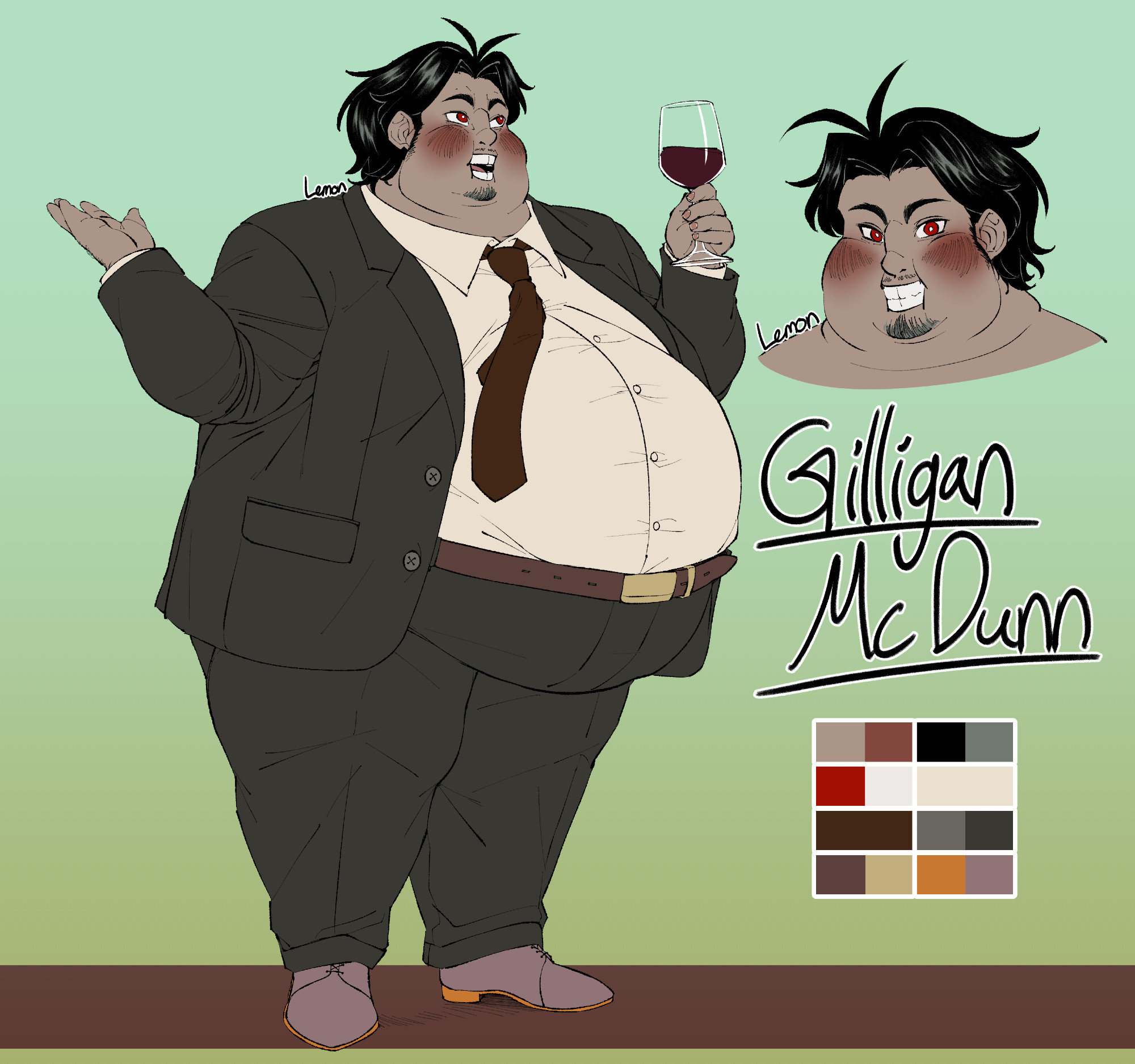 Reference of original character Gilligan "Gill" McDunn, a short fat man with dark neutral color palette. His skin resembles a light gray closer than it does a light brown, contrasted against his shiny black hair. His face has been rounded by his deliberate weight gain, consisting of large red chubby cheeks, a full double chin, a large fat neck, sharply angled red eyes, large perfectly straight teeth, a scruffy chin beard and mustache, thick eyebrows, and a Roman nose. His hair is short and wavy, with bangs tucked behind his ears and two cowlicks spouting from his widow's peak upwards in opposite directions. His smaller hands and feet suggest that his frame is also small underneath his clear weight gained. In addition to his face, his chest, belly, and legs appear to be rounded by his large fat deposits. He's wearing a cream button up shirt, brown tie, dark brown suit jacket and pants, and rosewood colored suede shoes. His pants cover the bottom of his belly, held up by a brown belt with a pale gold buckle. He's holding a wine glass filled with red wine and appears to be chatting about something. All of these details point to him being a gijinka of the pokemon alolan raticate.