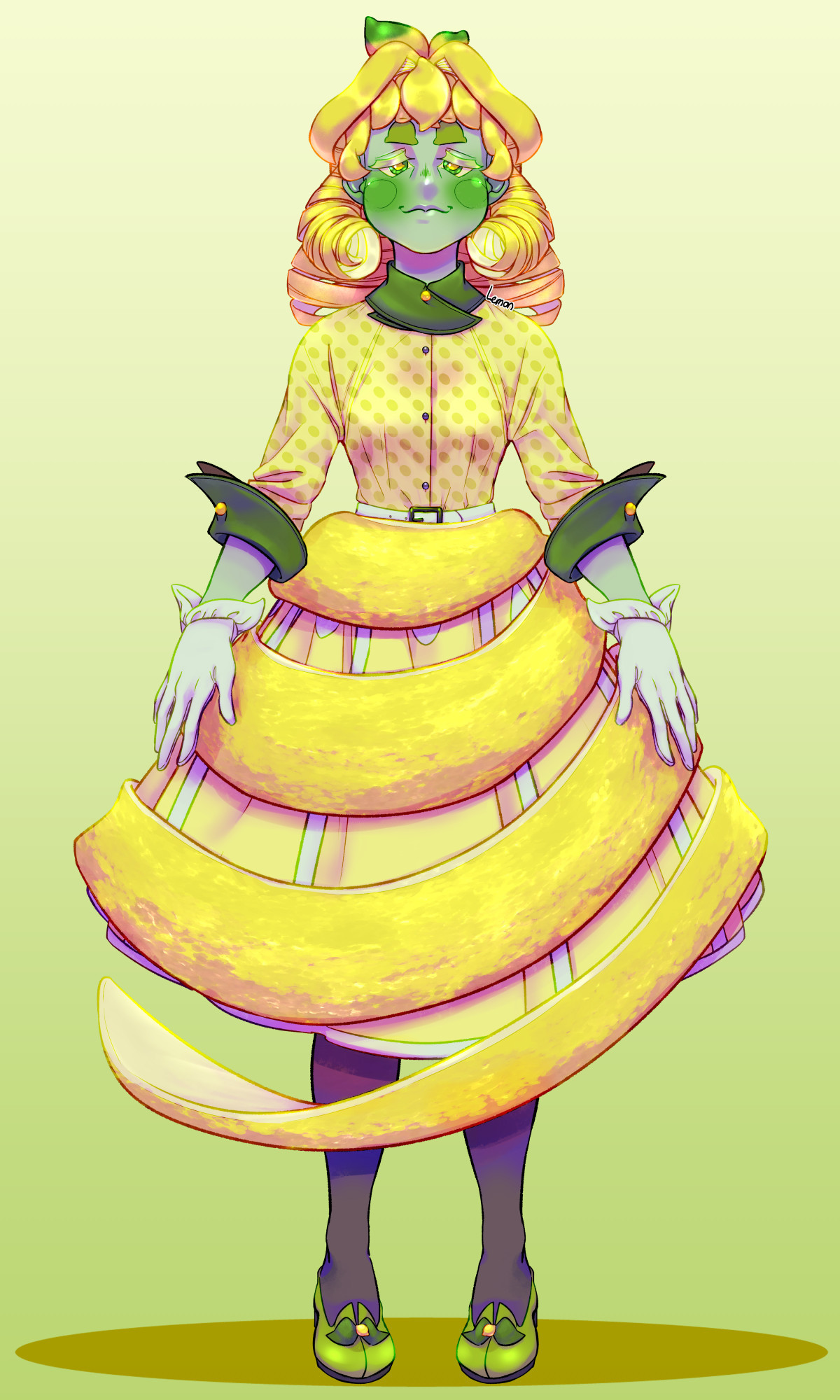 Rendered reference image of original character Citron, an average build humanoid woman with light green skin and a lemon motif for her color palette in a neutral, front facing pose. Because her skin is green, her blush is a darker green. Her downturned hooded eyes have bright green irises, yellow, lemon shaped pupils, and light yellow-green eyelashes. Her heart shaped face also features large, lemon shaped lime-green eyebrows and a set of pointed bow shaped lips. Her lemon yellow hair features bangs that curve to meet her ears (one large strand in the shape of a lemon in the middle of her forehead), two shorter spiral curls that frame her face, and two longer spiral curls that meet her shoulders. The insides of her hair curls reveal a lighter color internally, suggesting that her hair is made of literal lemon rinds. She is wearing a 3/4 sleeve light yellow button up top with lemon shaped polka dots and dark green, leaf shaped cuffs and collar. The collar and cuffs feature golden yellow buttons while the shirt itself is buttoned with dark green buttons. Further down, she's wearing a light yellow circle skirt with white patterns that make the skirt look like a lemon slice with seeds, held up by a white belt with a dark green belt buckle. This skirt is underneath a decorative layer that's textured like a lemon rind, spiraling asymmetrically down the dress until it passes the bottom of the skirt and dangles freely above the shins. Her legs have dark tights underneath green dress shoes with decorative lemons and lemon leaves at the tongues.