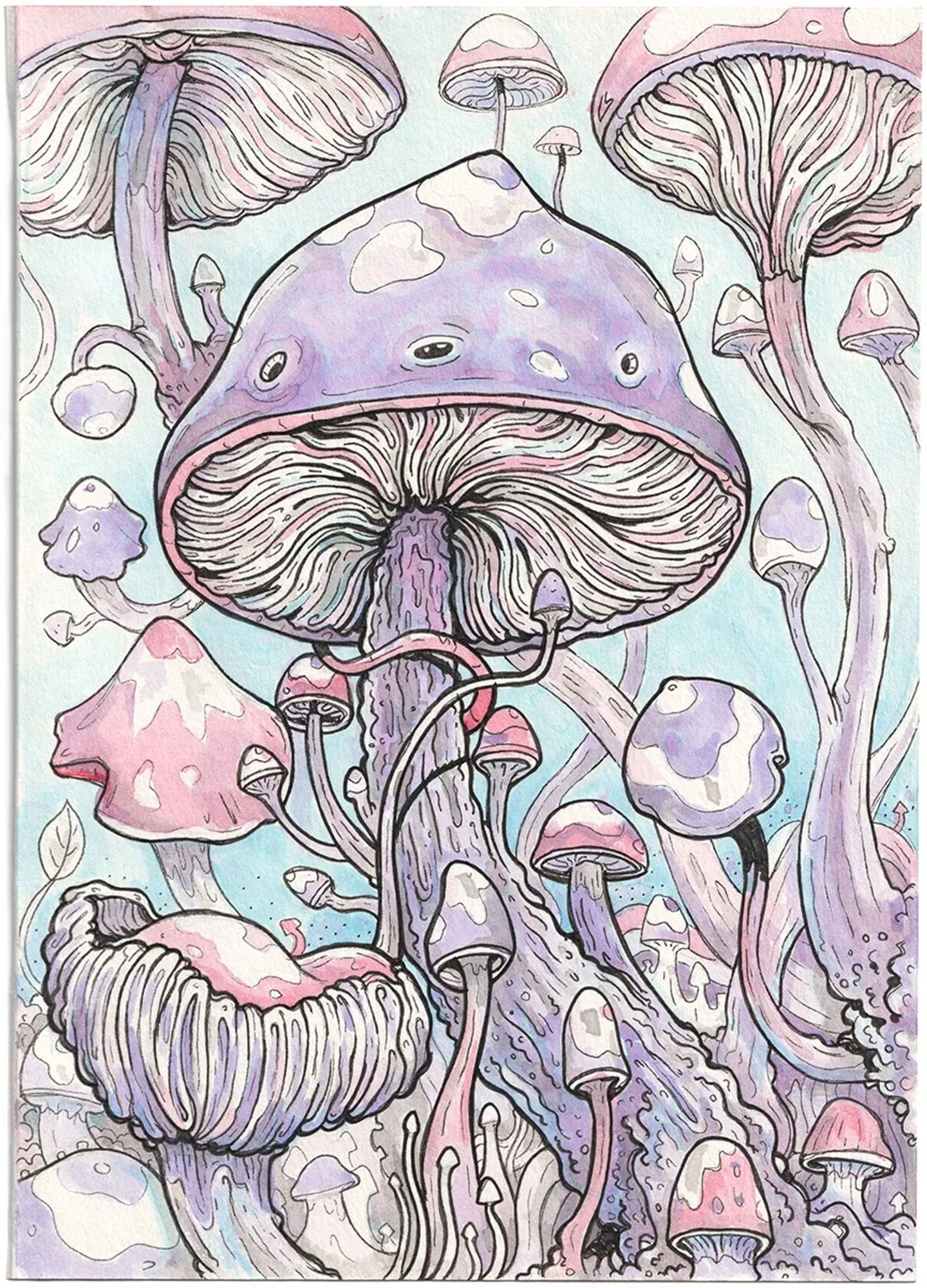 Illustration in pen and coloured ink wash of a forest or mushrooms seeming to writhe and grow up into the sky. One mushroom has a goofy face. The art style is line focused with bold but wobbly lines. Coloured in purple, red and blue ink wash.  #art #artskye #mushrooms