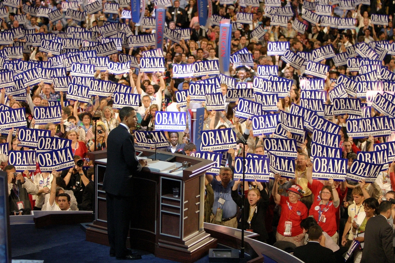 Obama at the 2004 Democratic Convention with placards with his name on them and lots of enthusiastic fans cheering him on. Hopey Changey my ass.