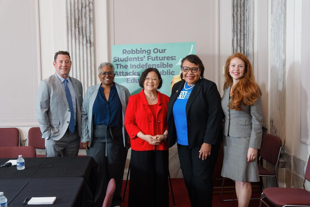 Image of NEA Vice President Princess Moss standing alongside other speakers at Senator Hirono's Capitol Hill forum in Washington, DC.