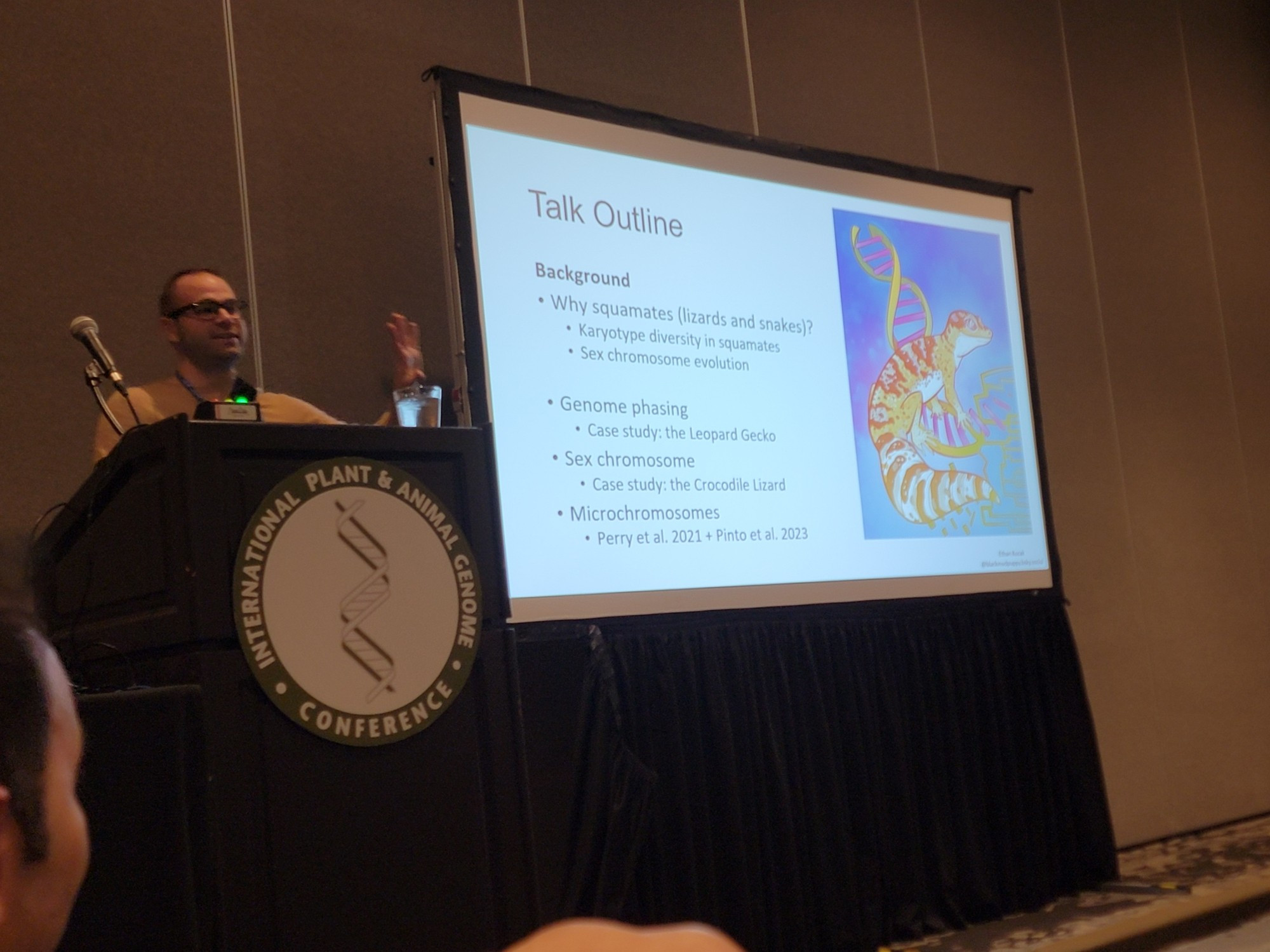 Brendan behind the podium on left with an overview slide on the left of why squamates are the coolest to study including a beautiful image of a gecko in front of a DNA strand.