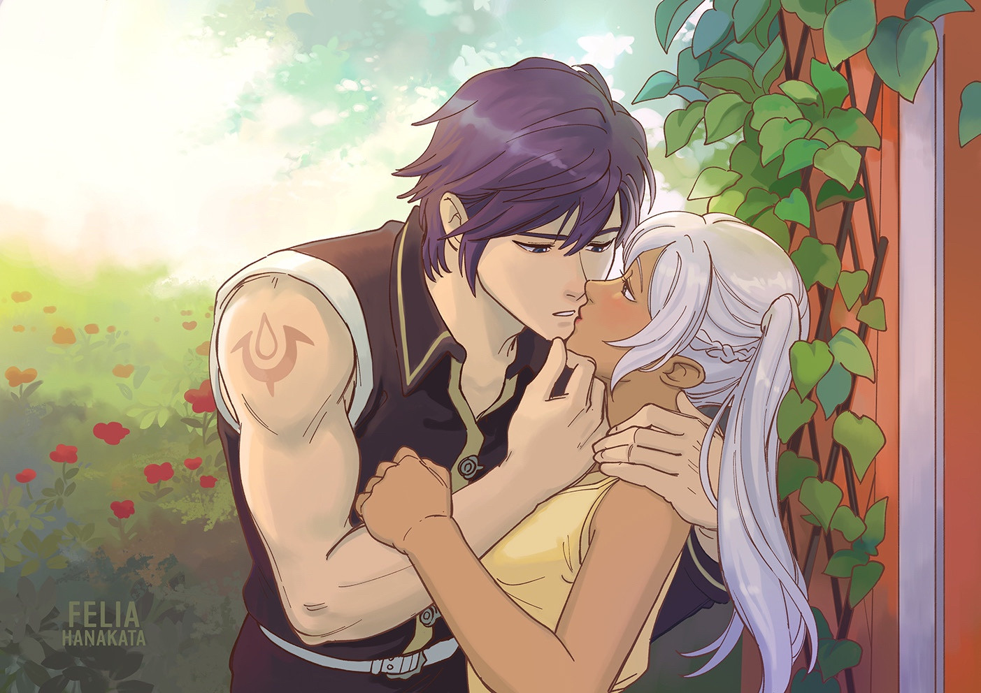 Chrom and Robin standing in a garden on a sunny day. Robin’s back is against an ivy trellis and Chrom is leaning down and lifting her chin as if they are about to kiss.