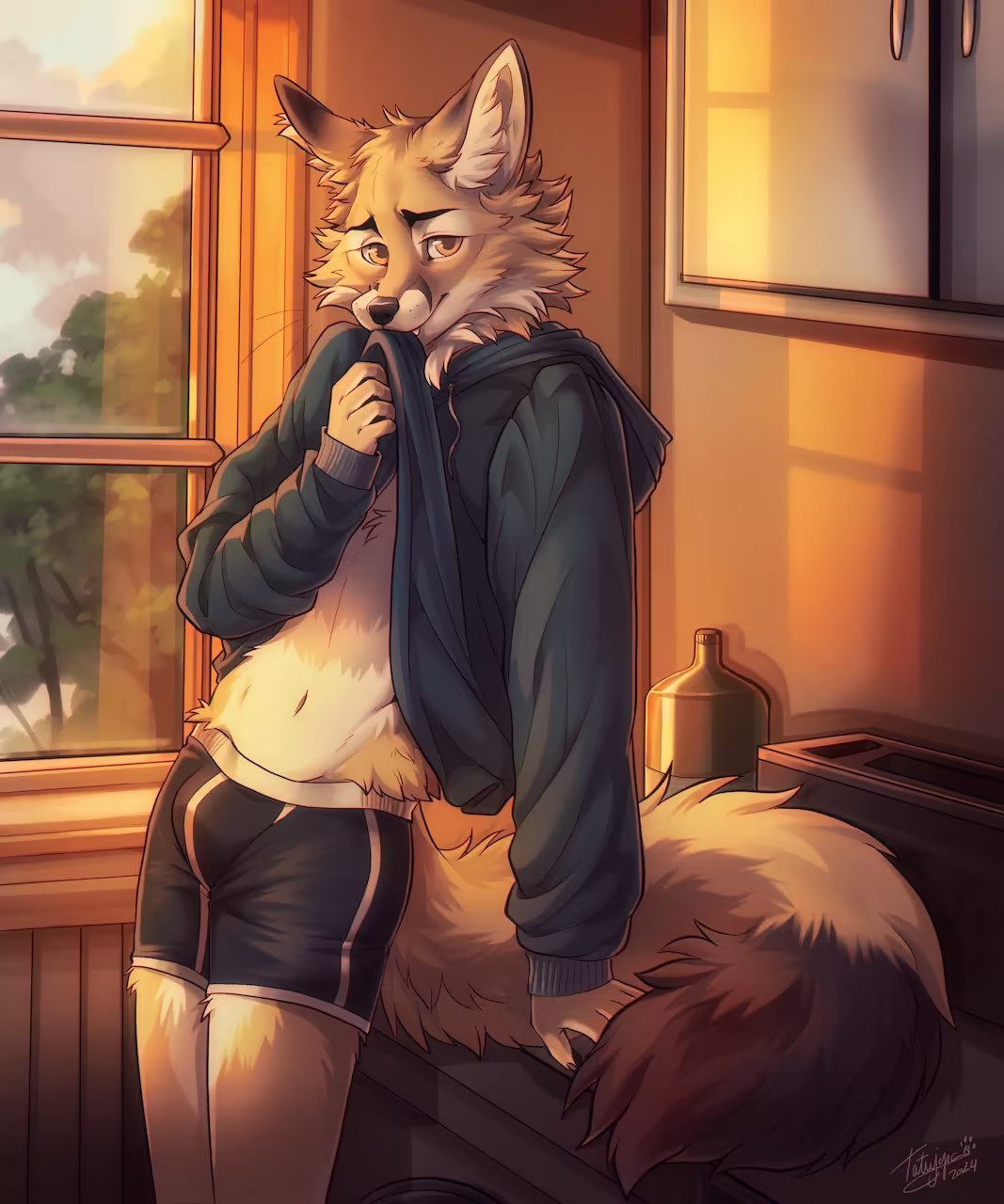 Fox standing in front of a laundry machine in only a hoodie and underwear. The front of the hoodie is pulled up to his muzzle as he looks at you shyly, showing off his belly.