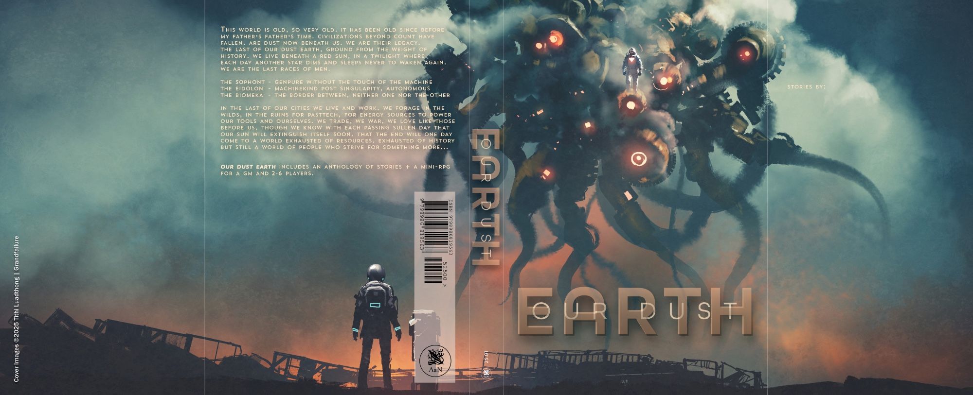 Cover showing a tentacled robot monster hovering in the sky and being ridden by a suited figure, confronting a 2nd figure on the ground, standing in rubble. Lots of fog/toxic vapors swirl about.