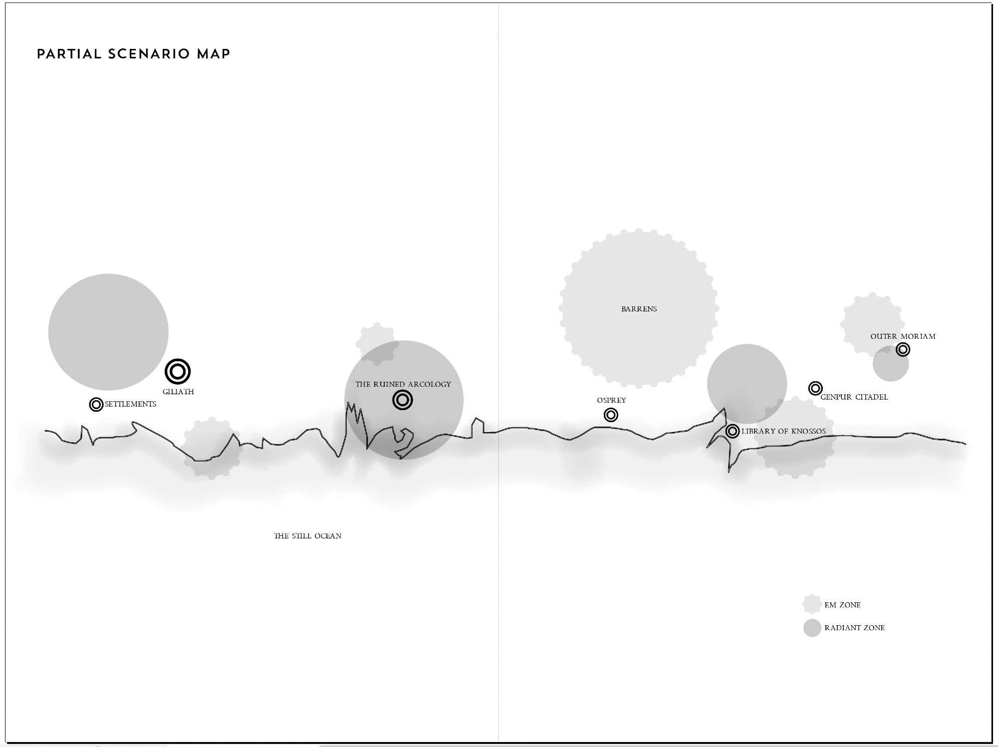 A brief, minimalistic map of the coastline showing what cities and places exist at the end of Earth's time.