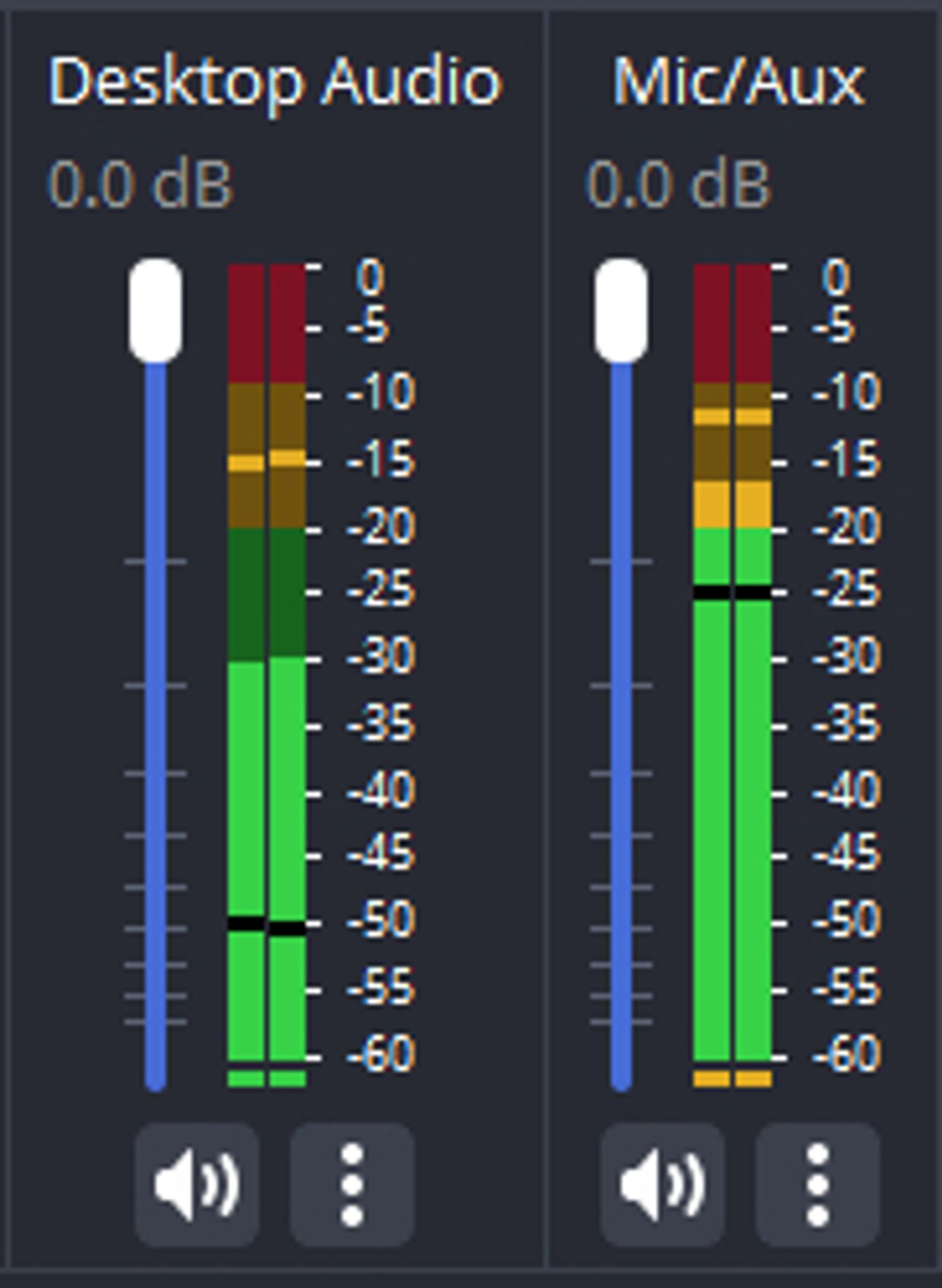 Simple side by side audio meter showing my mic audio at -25 while the desktop audio is at -50!