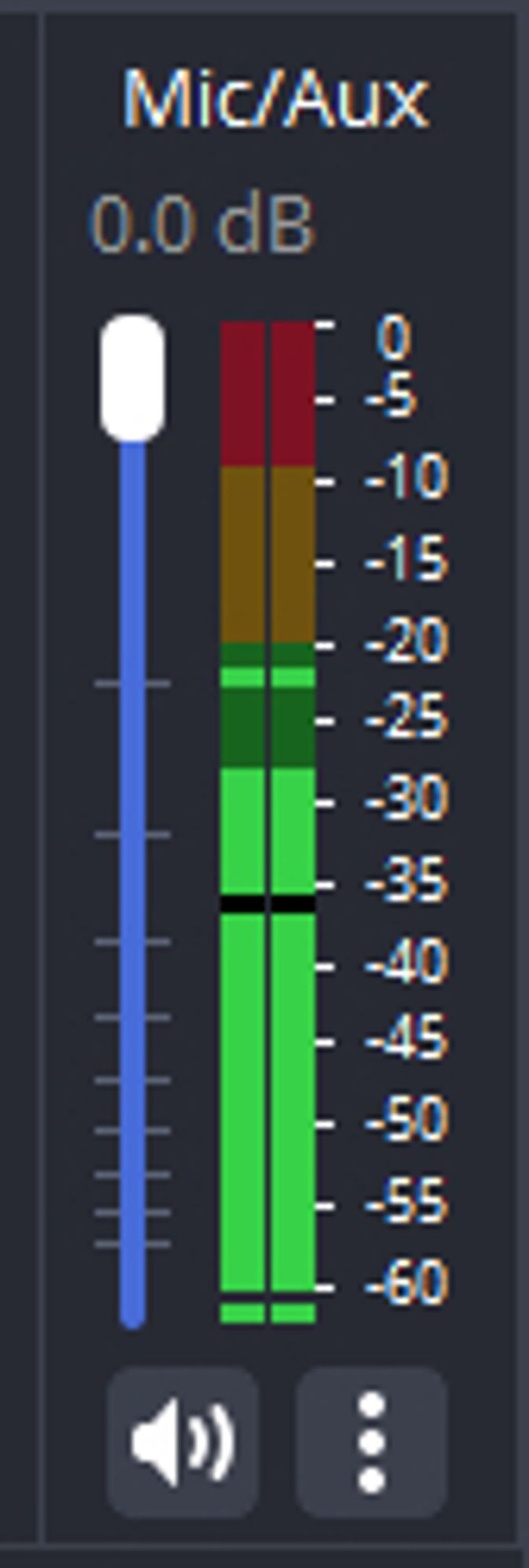 A picture of an audio meter in OBS, lit up up to -20dB but showing a black bar at -36.