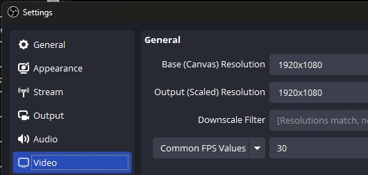 Screenshot of OBS settings, Video is selected on the left side showing the general settings for video on the right.