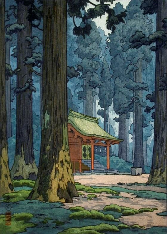 green-roofed wooden refuge/shrine surrounded by tall trees