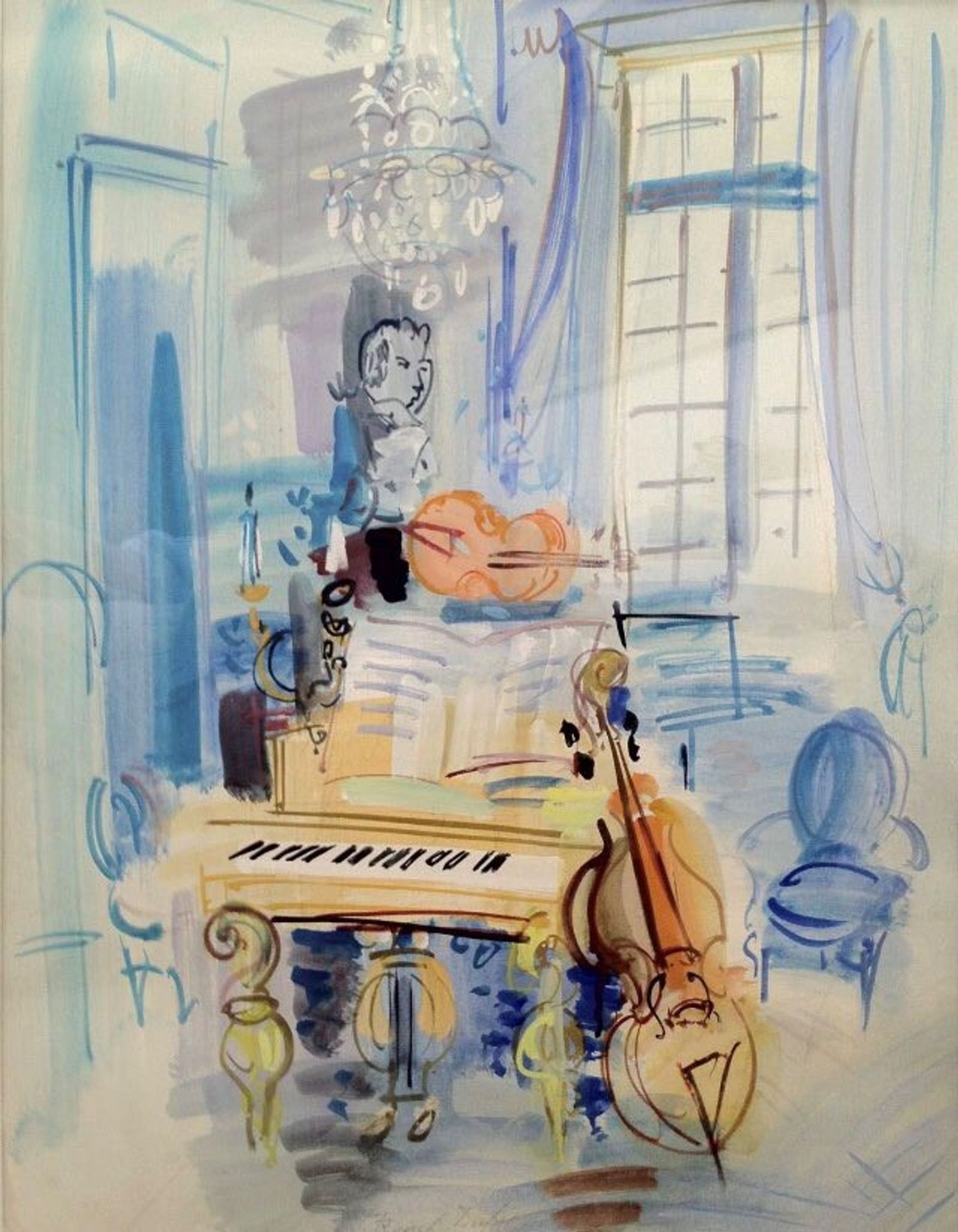 under a chandelier, with light coming in from window, a piano, with a double bass leaning on it and a violin on top, sketchily done