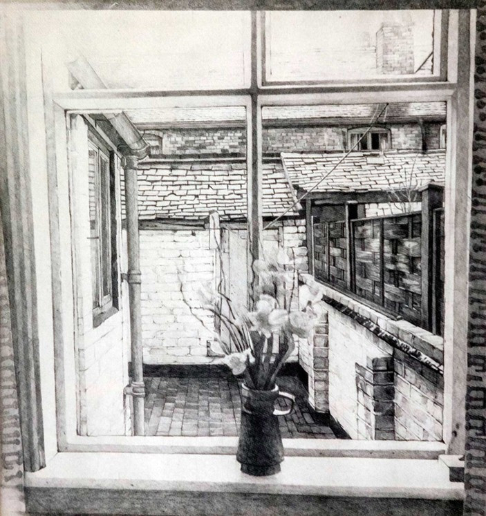 view from living room into tiny bricked backyard, a vase of flowers on window sill