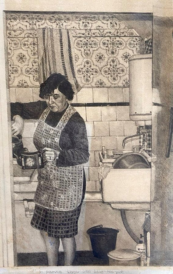artist's mother in apron, stirring a pot, working in kitchen