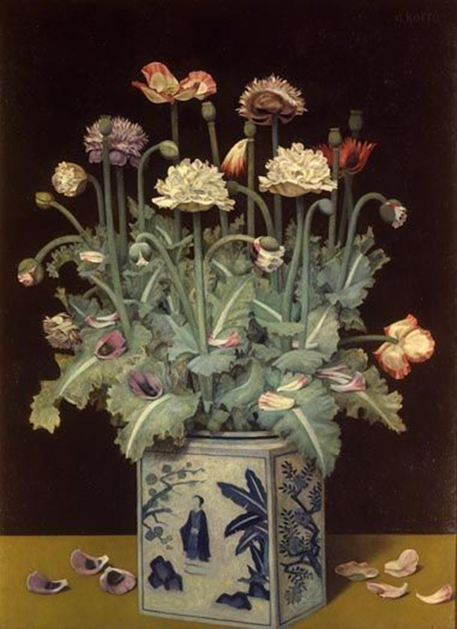poppies in blue and white pot with oriental designs
