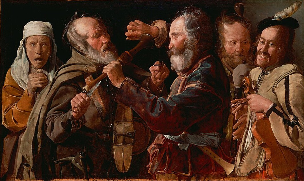 Two itinerant musicians, one of them blind, are armed with their instruments as they struggle with each other, as two others look on amused, and female companion of the blind man looks aghast 