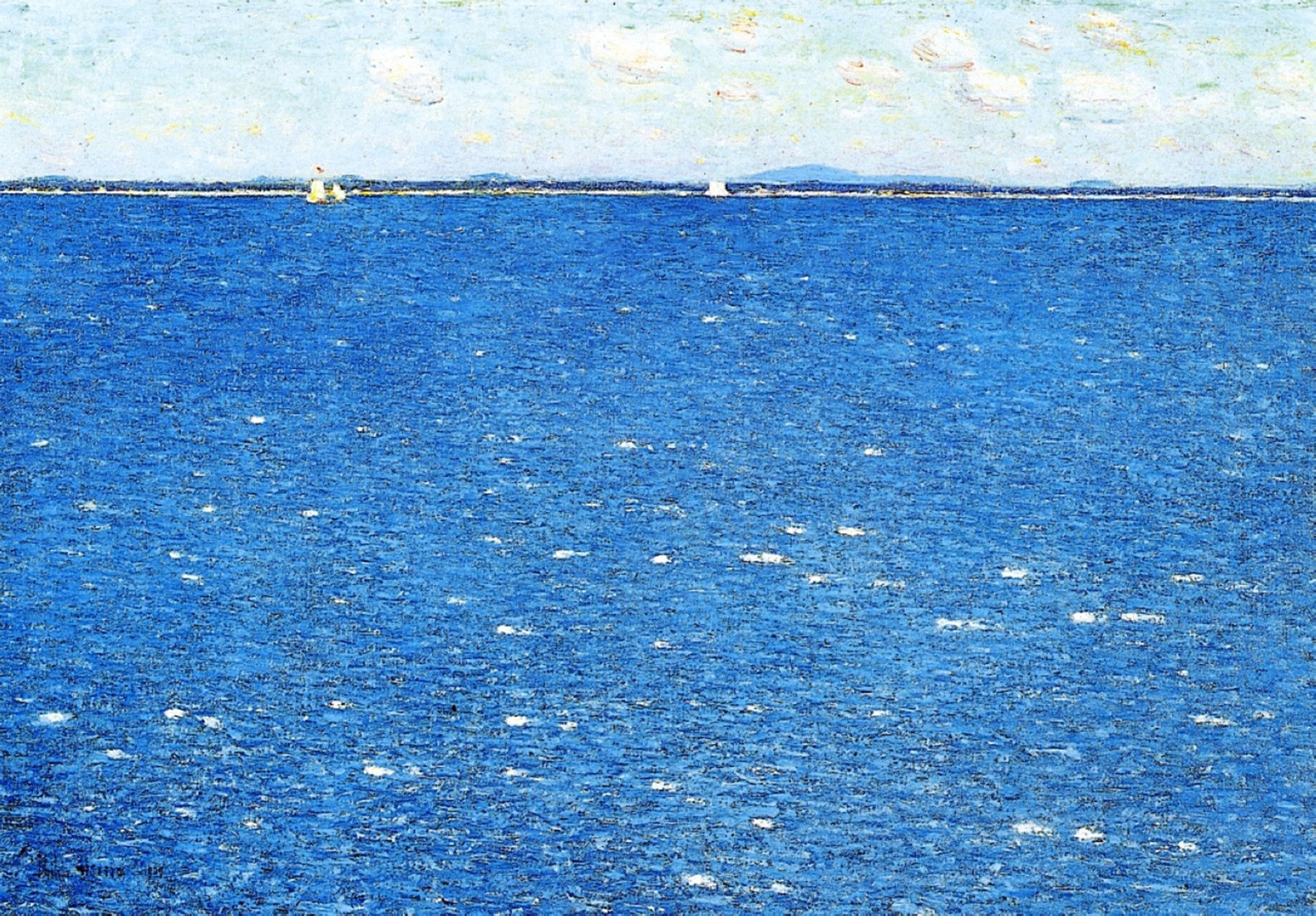 The sea covers 90% of the painting. We can just discern a low-lying strip of land in the far distance  