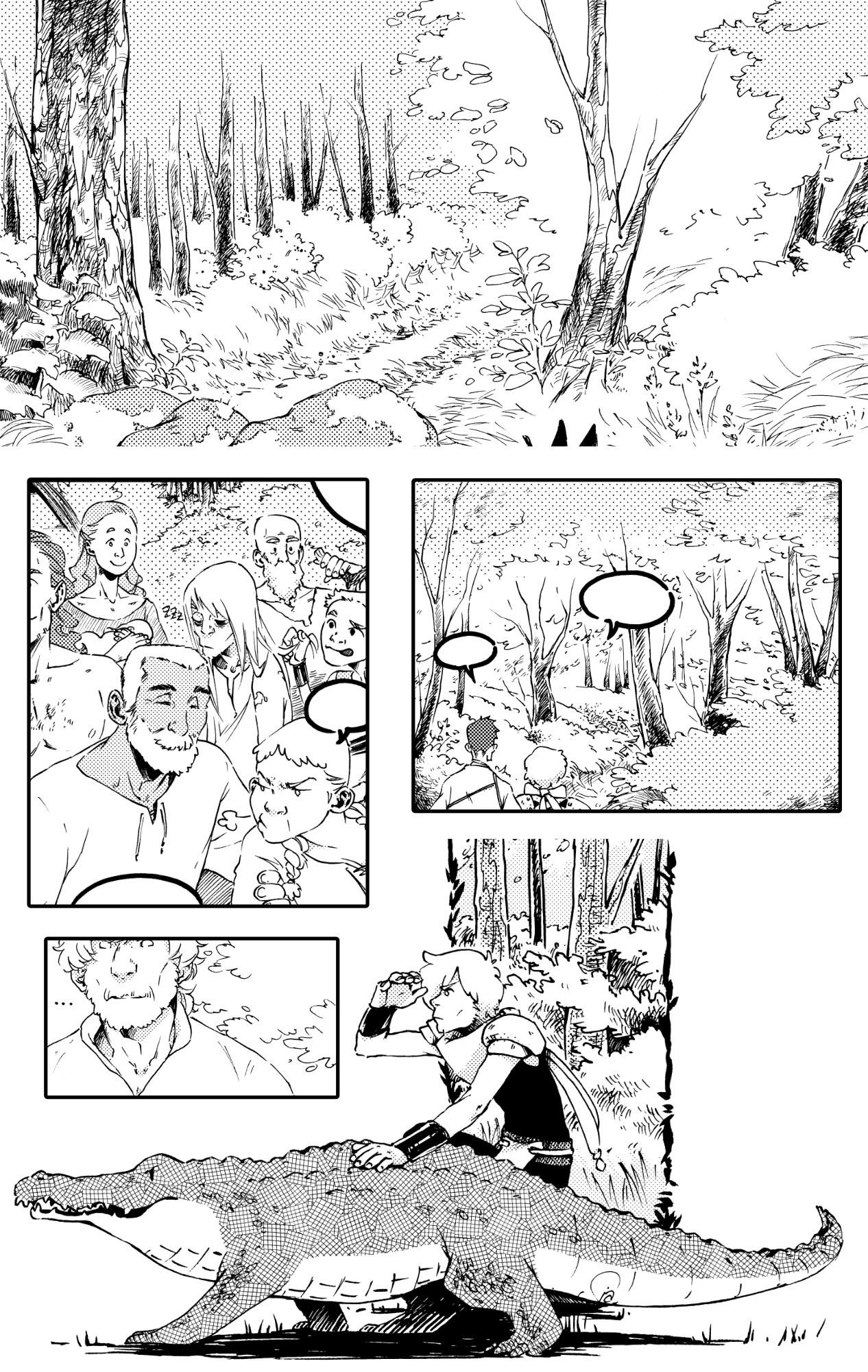 Some black&white comic panels, showing a path in the forest, vvillage people, a young guy with a crocodile.