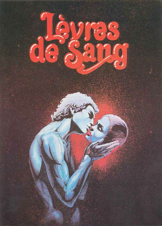 Poster for the film Lèvres de sang, a drawing on a black background showing a nude man in profile holding a severed head. He and the head are in pale bluish whites but for the red of her lips, and the red light behind them.