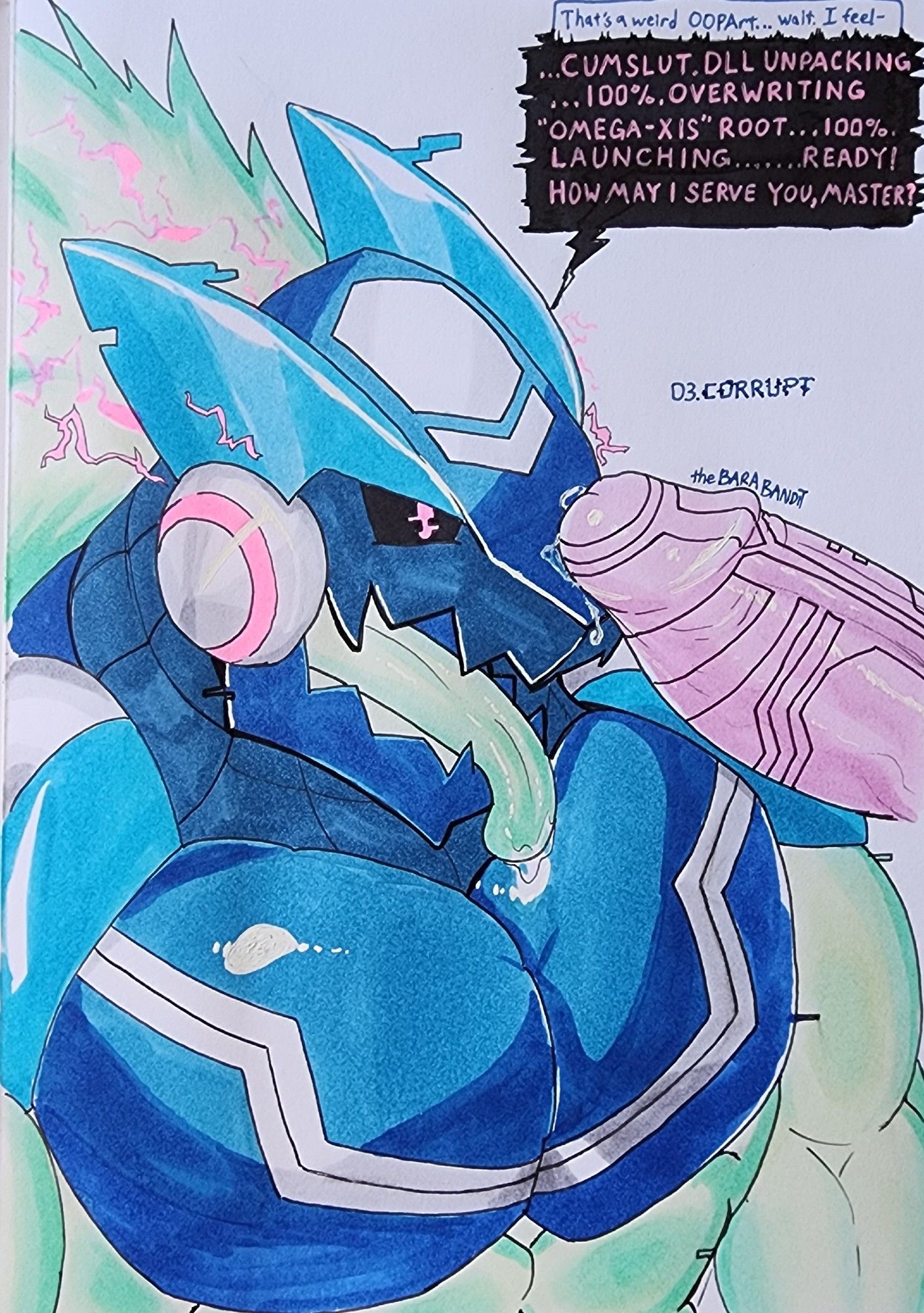 A glitchy, muscular Omega-Xis has his tongue out and drooling with a penis resting on his snout. A text balloon says "That's a weird OOPArt...wait. I feel- ...CUMSLUT.DLL UNPACKING...100%. OVERWRITING "OMEGA-XIS" ROOT...100%. LAUNCHING.....READY! HOW MAY I SERVE YOU MASTER?"