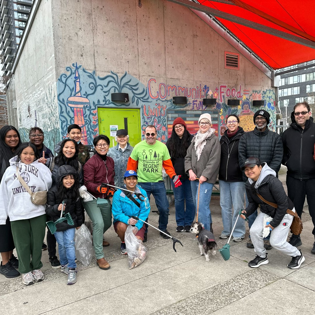 A beautiful team of enthusiastic smiling volunteers with MPP Kristyn Wong-Tam ready to clean up community grounds in Regent Park Toronto