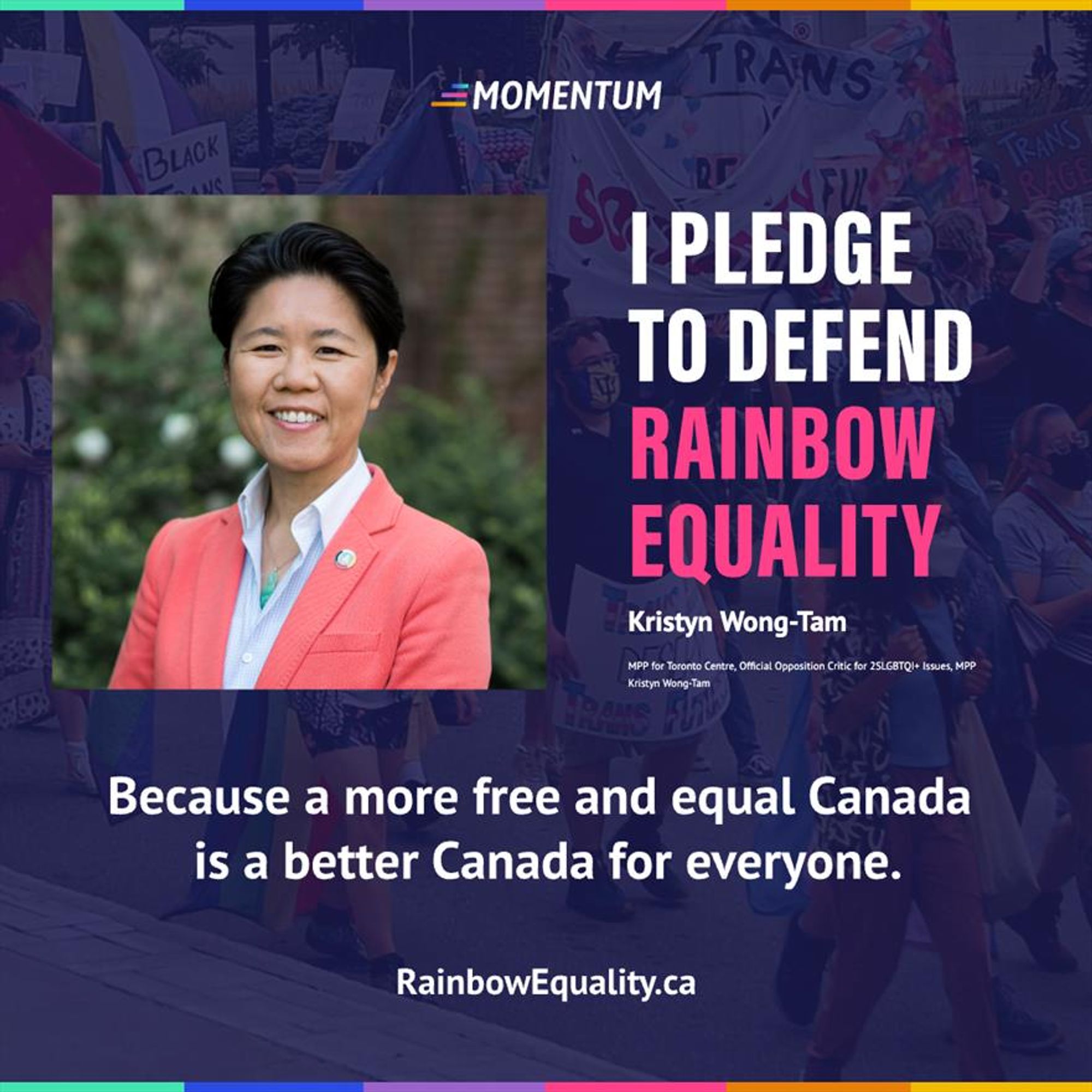 image showing MPP Kristyn Wong-Tam saying they are pledging to stand up for 2slgbtqi+ equality