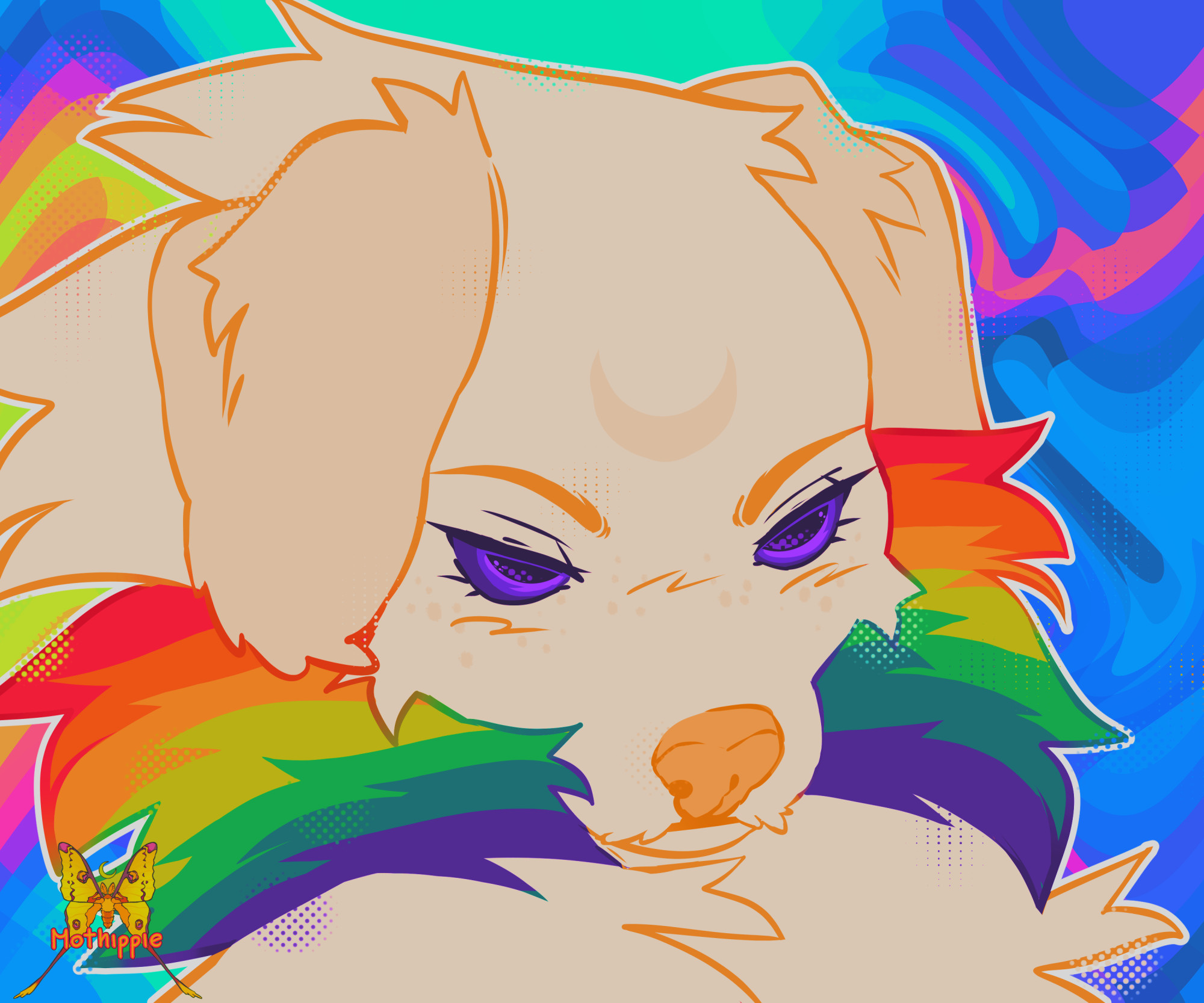 The drawing features a white furry character with rainbow highlights looking half lidded off into the distance with a swirly, trippy background.