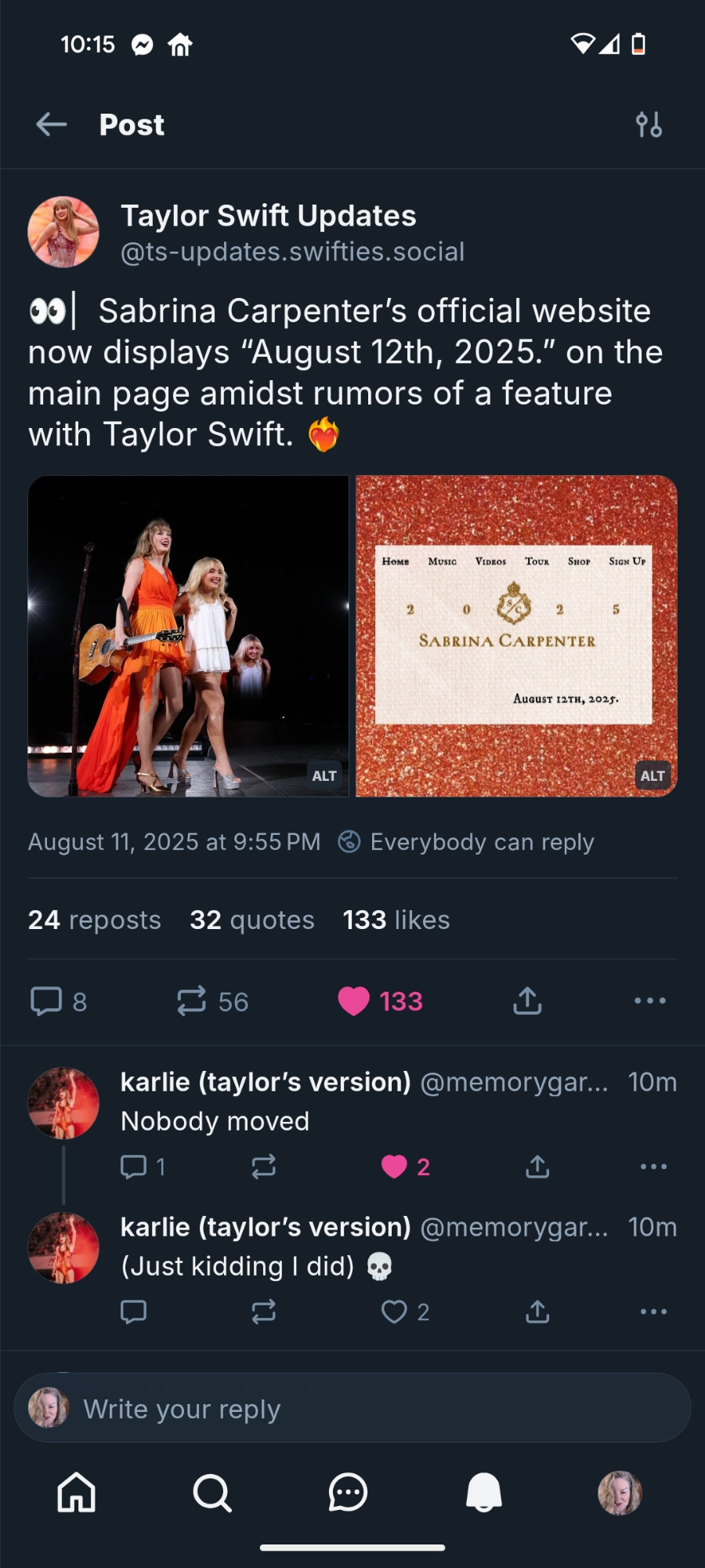 A screenshot of Sabrina Carpenters post