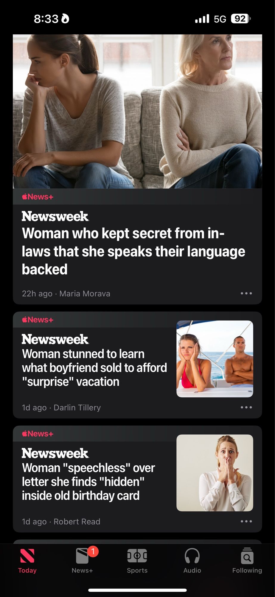 Screen shot of iOS News app showing several click-bait headlines from Newsweek that start with, “Woman…”