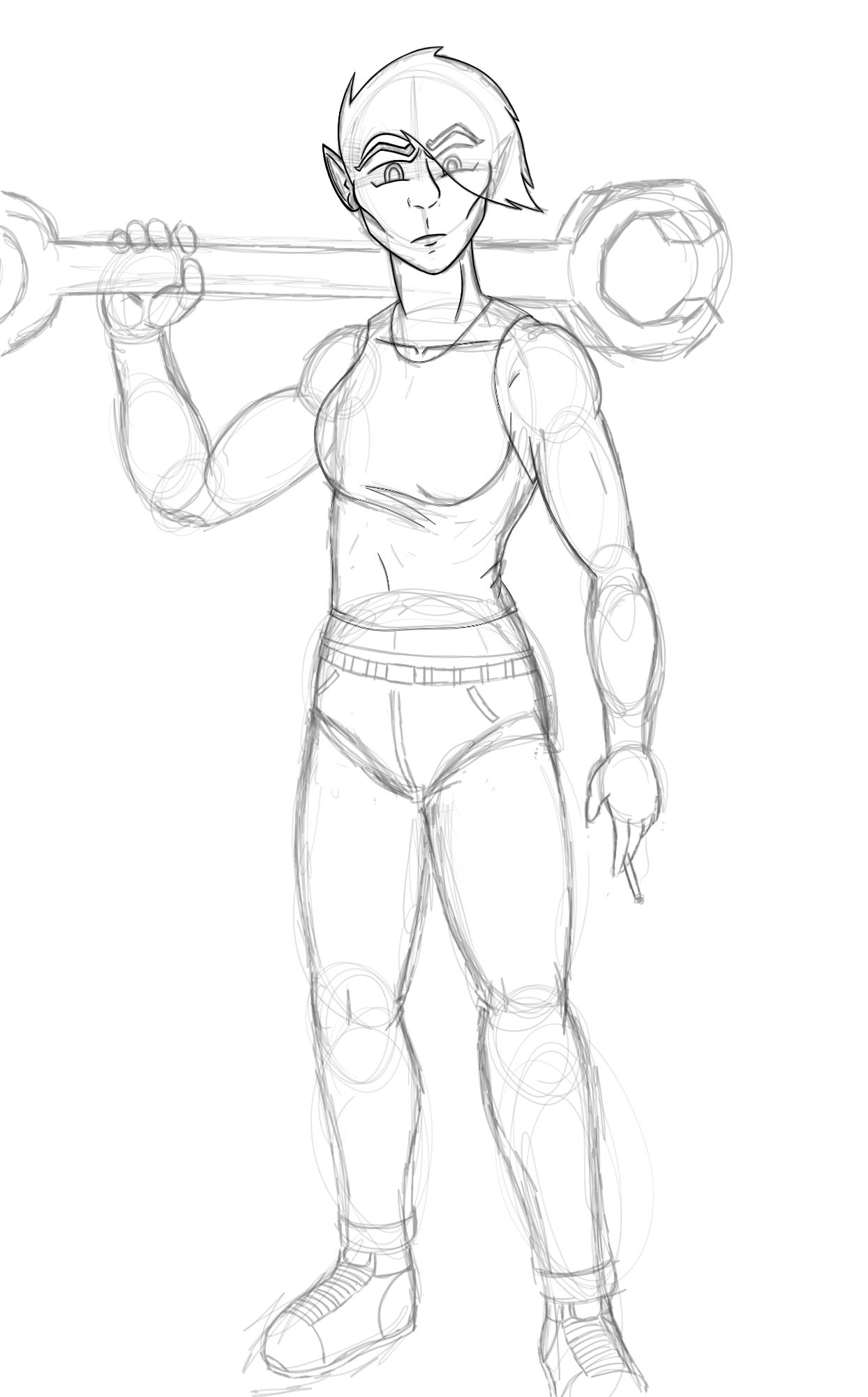 WIP sketch of an elf-like figure standing with a giant wrench