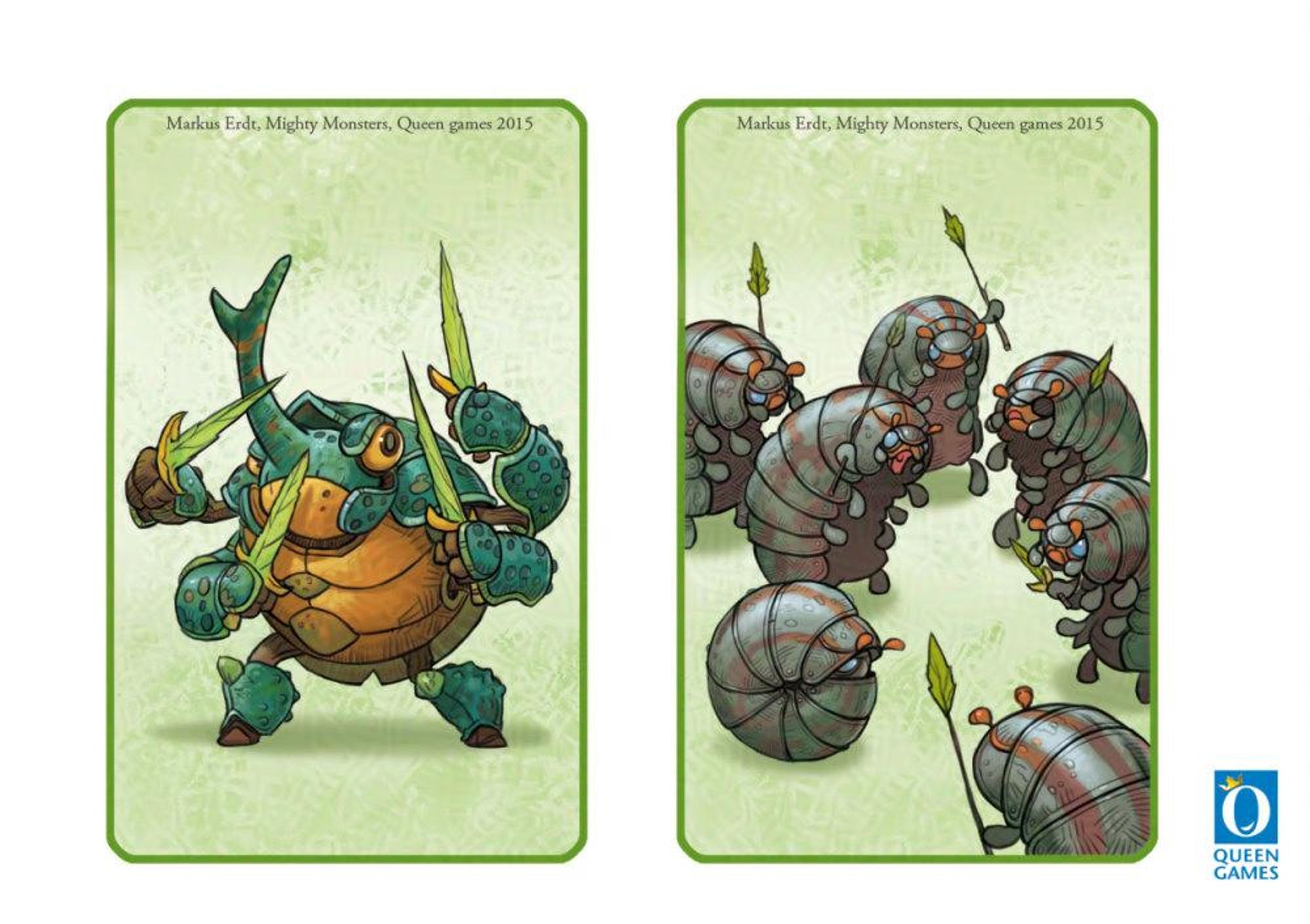 Mighty Monsters, Queen games, art by Markus Erdt.
Insect characters for playing cards. Green colored and funny looking.
One is orb shaped but humanoid and very stout. He has 2 legs and 4 arms, each holding a leaf like dagger. He seems very serious but looks funny. The other is a group of tiny woodlice, each holding a mini spear with a leaf as a pointy blade. One looks particularly grim by wearing an eyepatch.