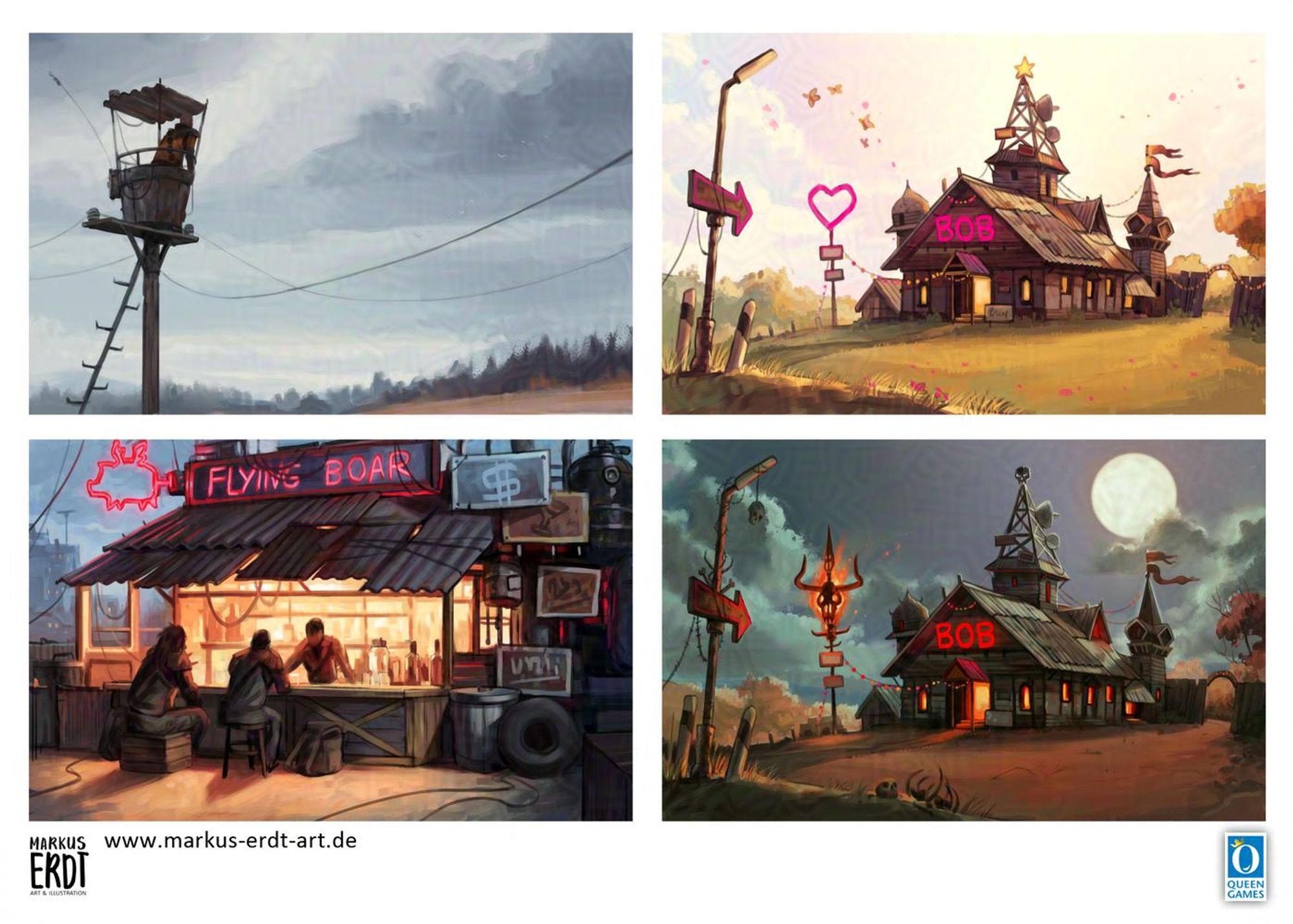 Post apocalyptic scenes and buildings: A men in a lonely watchtower, The church of the good Bob with neon hearts and spring everywhere around it, followed by the evil church of bob, which takes place at night, with a burning skull on a pike. The 4th card shows the flying board in, a make shift diner of sort.
Armageddon, Queen Games. Art by Markus Erdt.