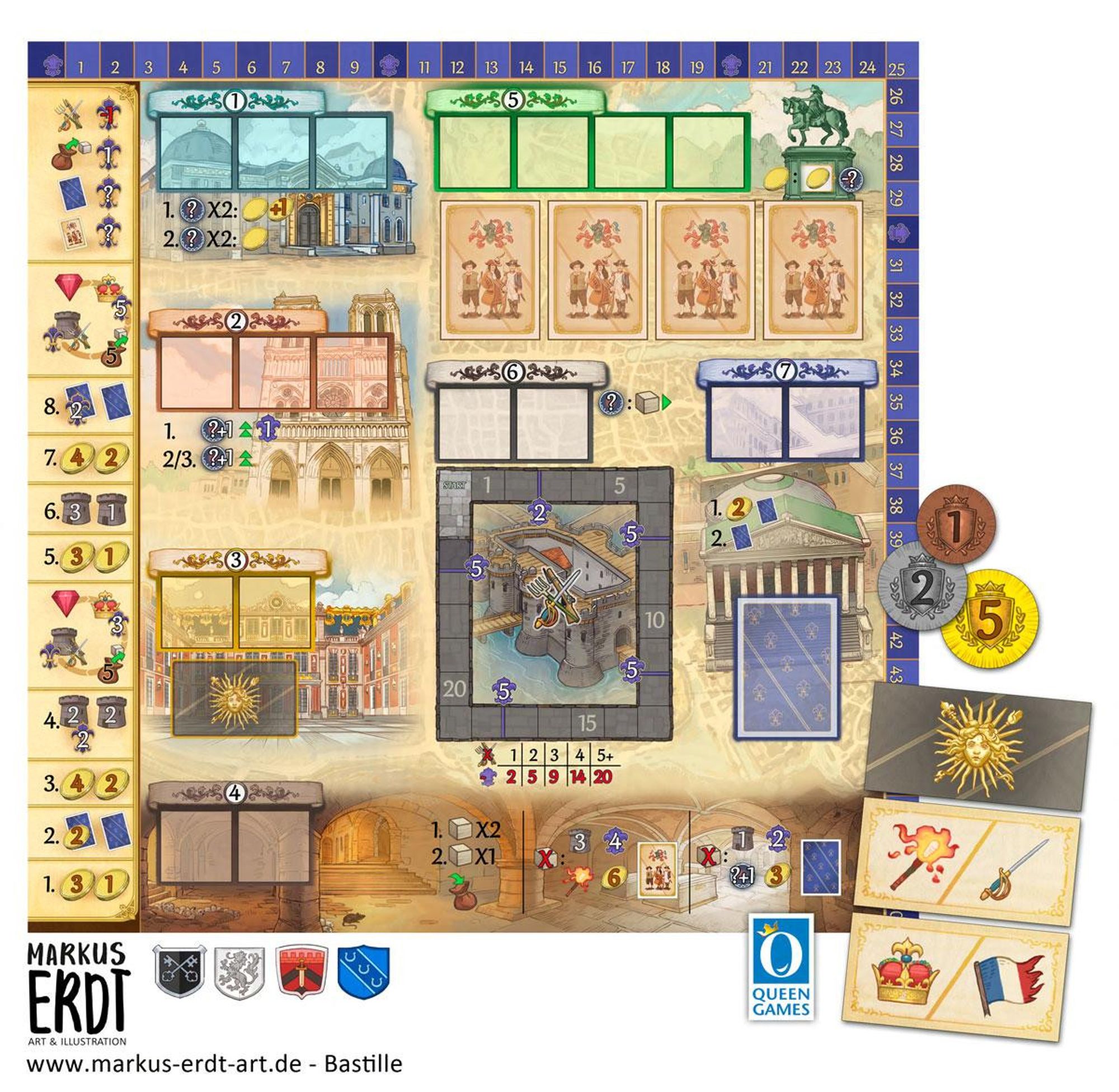 Bastille, Queen Games, art by Markus Erdt.
The board of the game, different zones represent different areas of Paris during the French Revolution each marked in different colors.