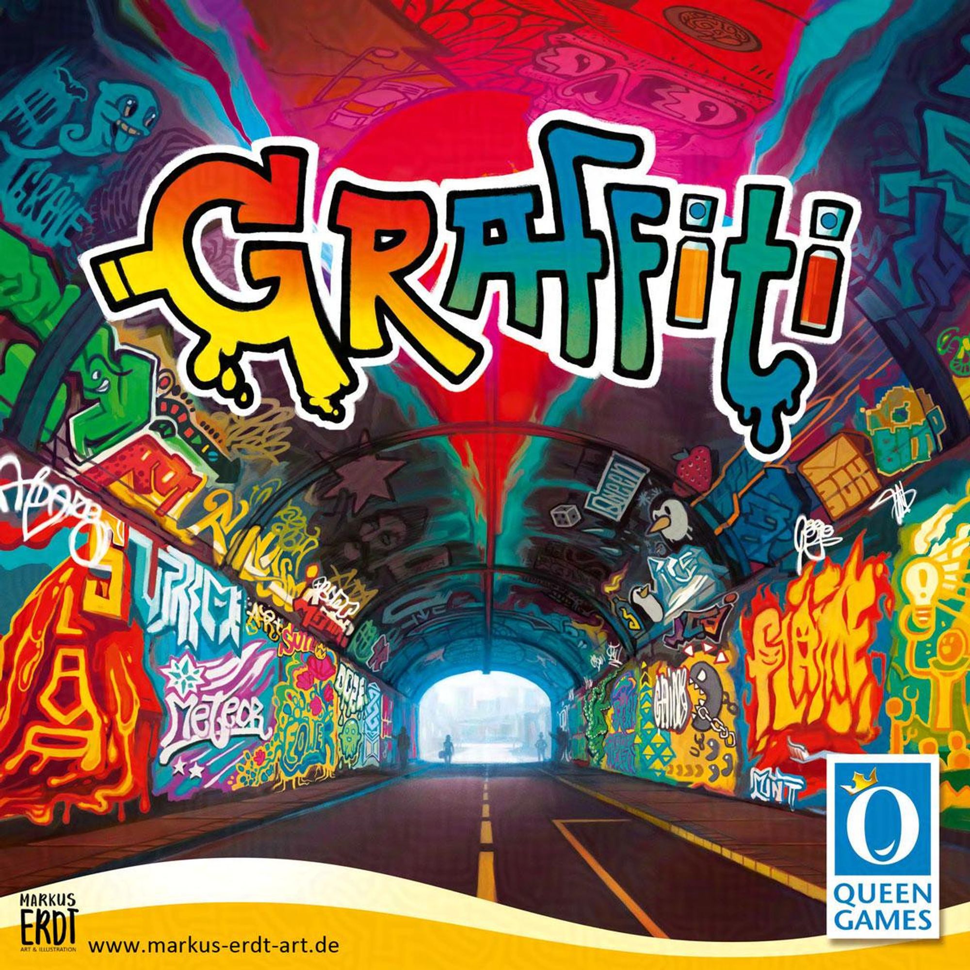 A boardgamecover for Graffiti, by Queen Games. Illustrated by Markus Erdt. We look down into an urban tunnel, the walls and ceiling are completely covered in detailed graffiti artworks.