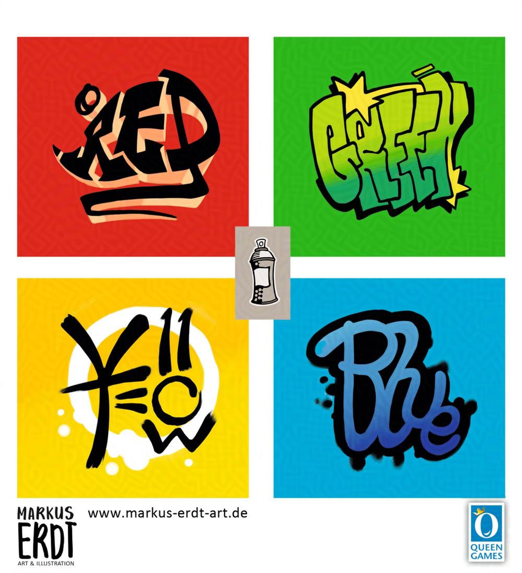 Graffiti, by Queen Games. Illustrated by Markus Erdt.
4 Graffiti tags, one for each player. A red one, the letters form the word red as well as the shape of a mouse or rat. Green in more bulky and has some star elements, yellow has a strong Korean influence and blue is very round and feels like its flows from one letter into the next.