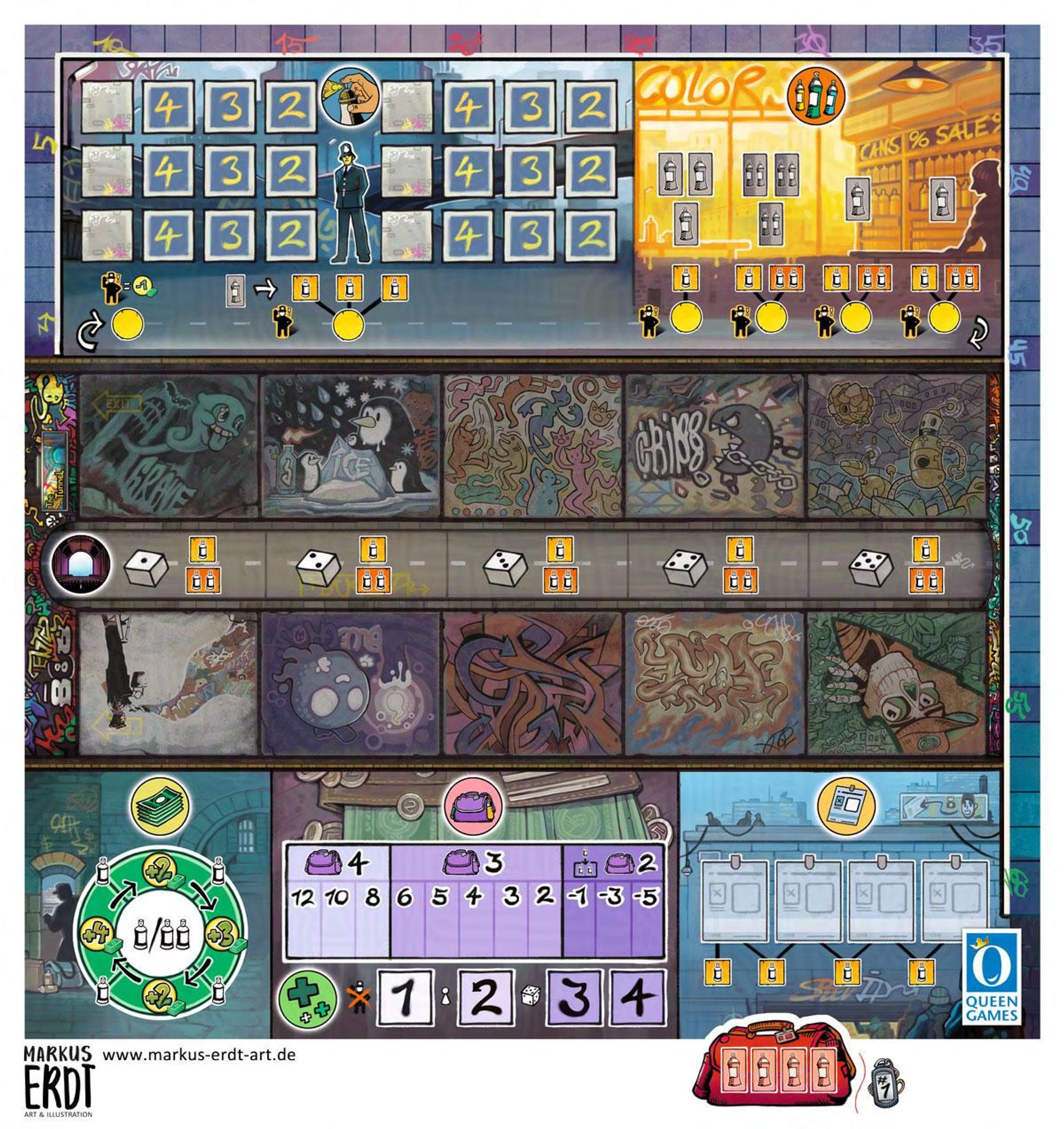 Graffiti, by Queen Games. Illustrated by Markus Erdt.
The playing board, different areas, show different options to place the player's tags on. An English police officer is in a blue area, next to a yellow field that shows a store for spraying cans and colors. The middle is a street with graffiti options around it, ready for the players to "spray" them. Other areas of the board show money, bags and ID cards.