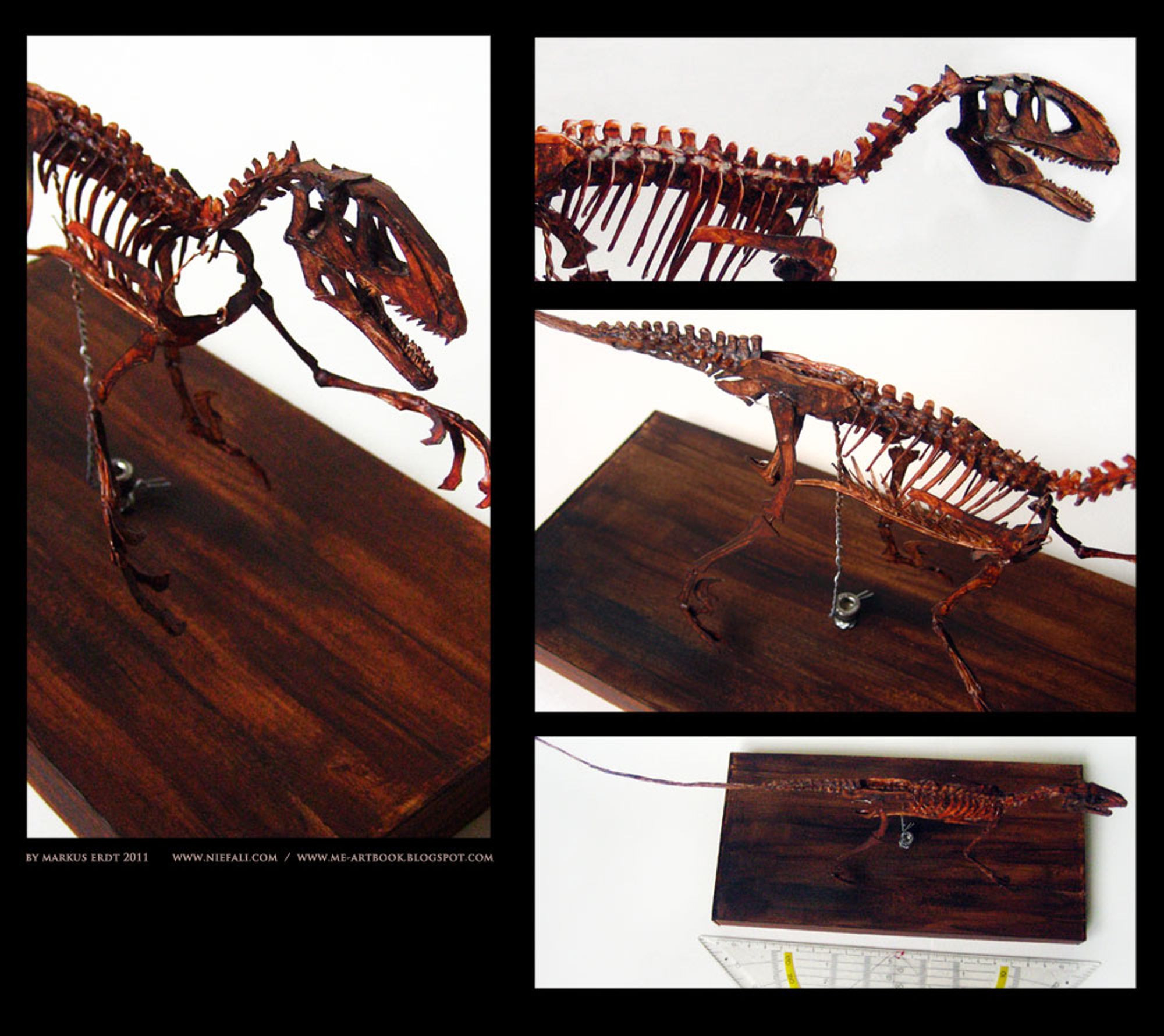 A brown sculpture of a Deinonychus skeleton. Made out of paper, wire and glue. By Markus Erdt