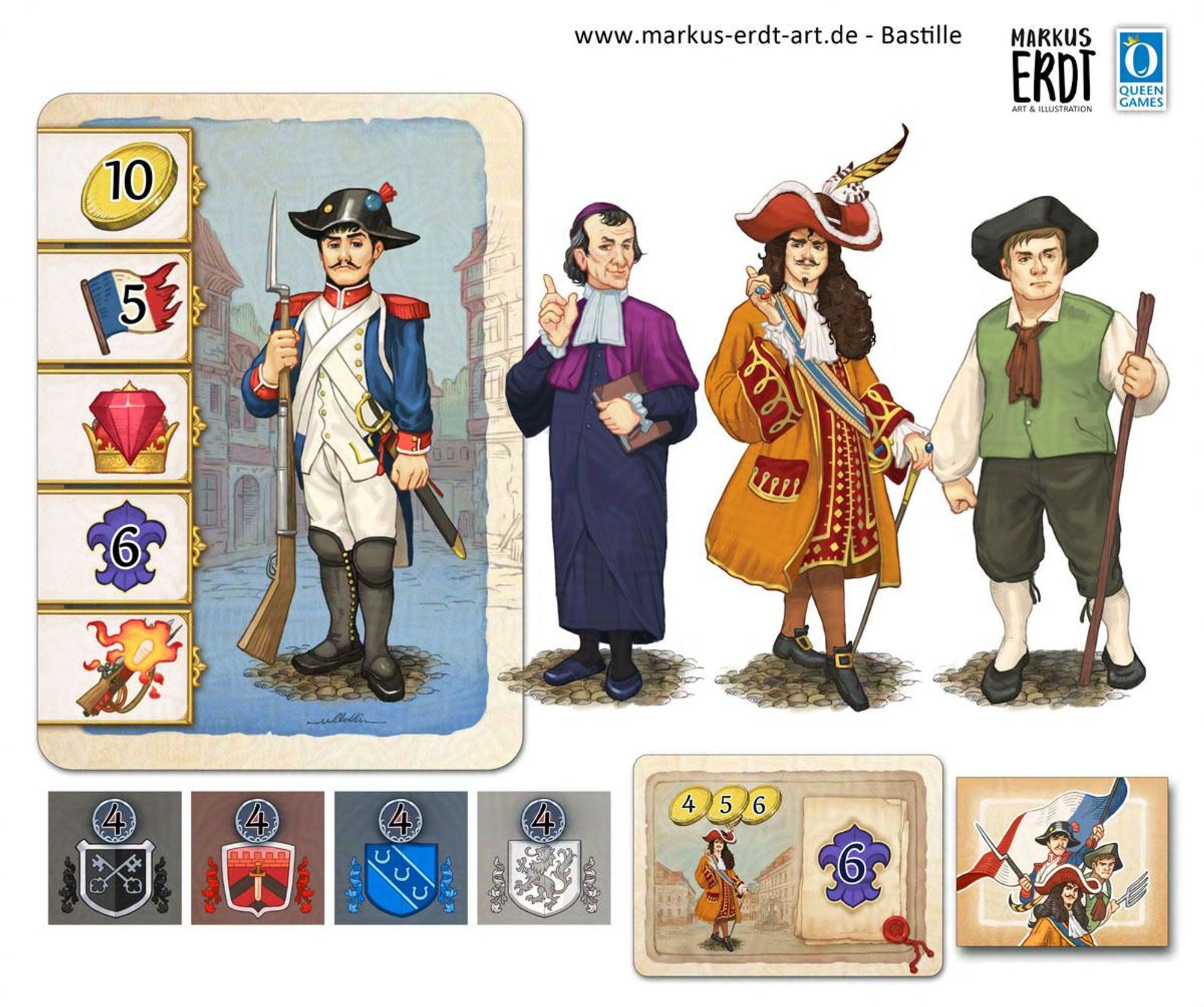 Bastille, Queen Games, art by Markus Erdt.
Playing cards with a watercolor style background and a row of different icons on the left side: Coins, flags, jewels, a crown, weapons and more. The highlight is the human characters for each card: A French soldier of the time, a priest, a noble and a peasant.