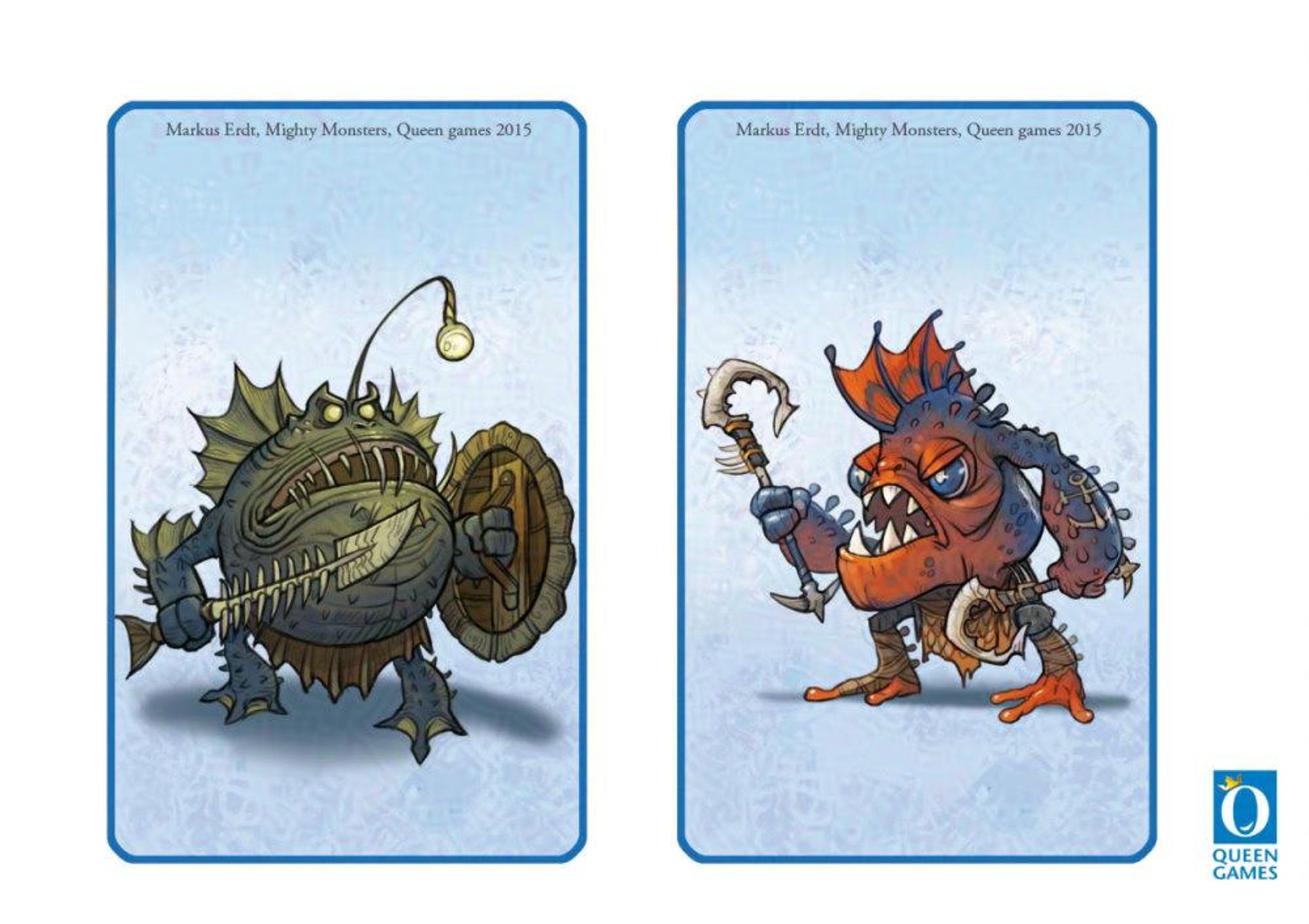 Mighty Monsters, Queen games, art by Markus Erdt.
Blue playing cards showing 2 funny looking fishmen. One is a very round and stout greenish angler fish, with a fish bone sword and a turtle shield. He seems confused by his own light. The other is red and blue, but looks more like a piranha with oversized lower arms. One has an anchor tattoo. He wields 2 hook like weapons made of bone.