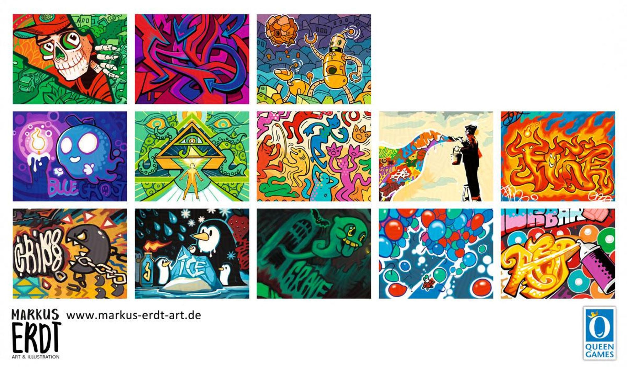 Graffiti, by Queen Games. Illustrated by Markus Erdt.
Different Graffiti artworks for the players to "spray" on the board. Many are homages to famous graffiti artists.