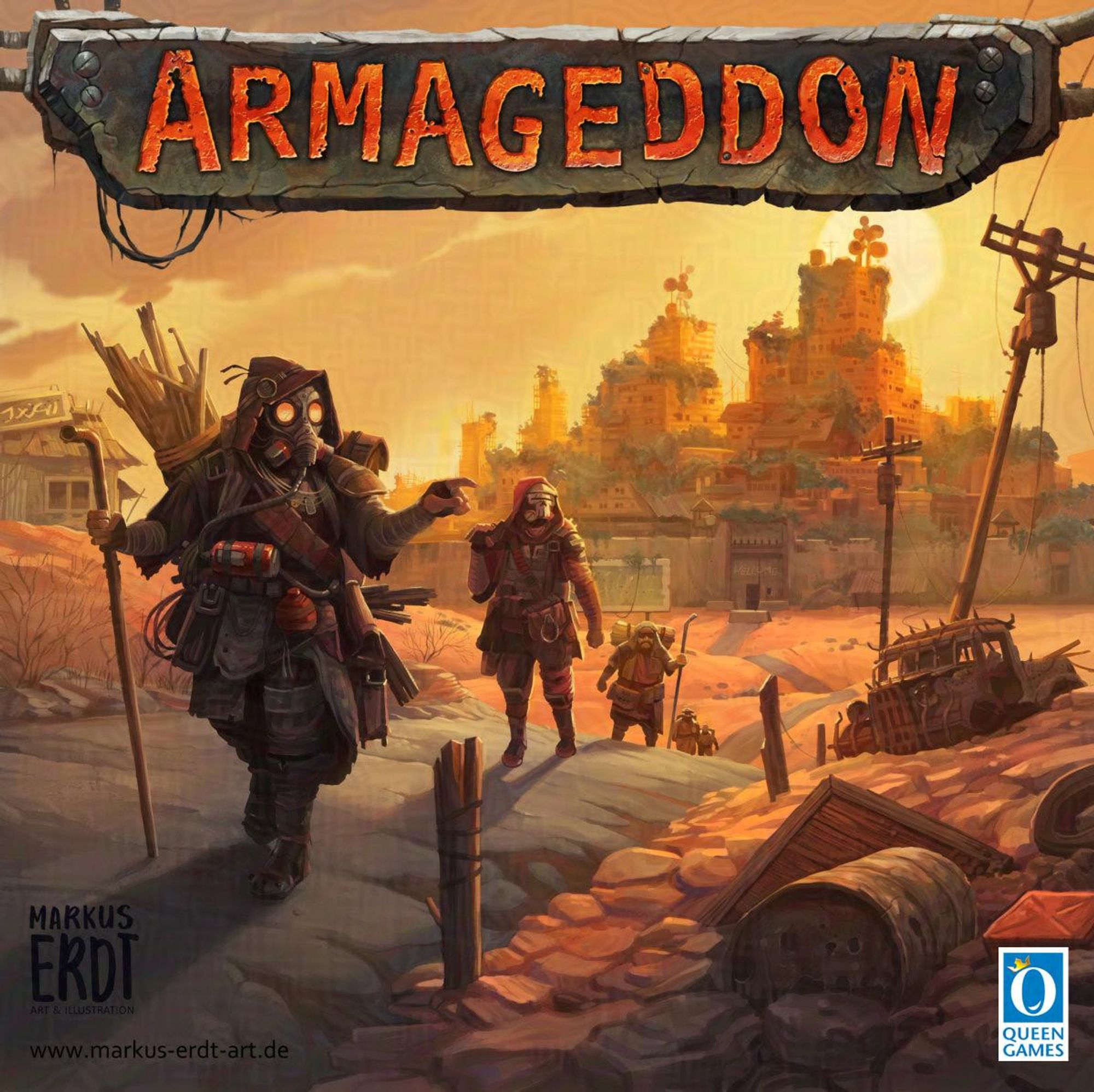 A post-apocalyptic scene, a patrol in ragged clothes passes by on a street. They are wearing masks and protection gear. Broken down cards and barrels litter the area, and a grown over walled in city stands out against the setting sun. Armageddon, Queen Games. Art by Markus Erdt.