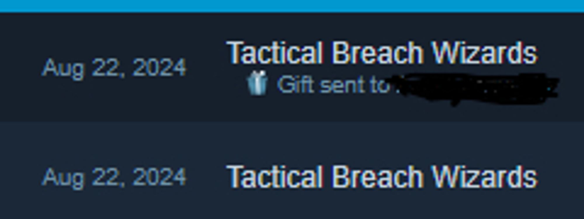 Receipt showing two purchased copies of Tactical Breach Wizards