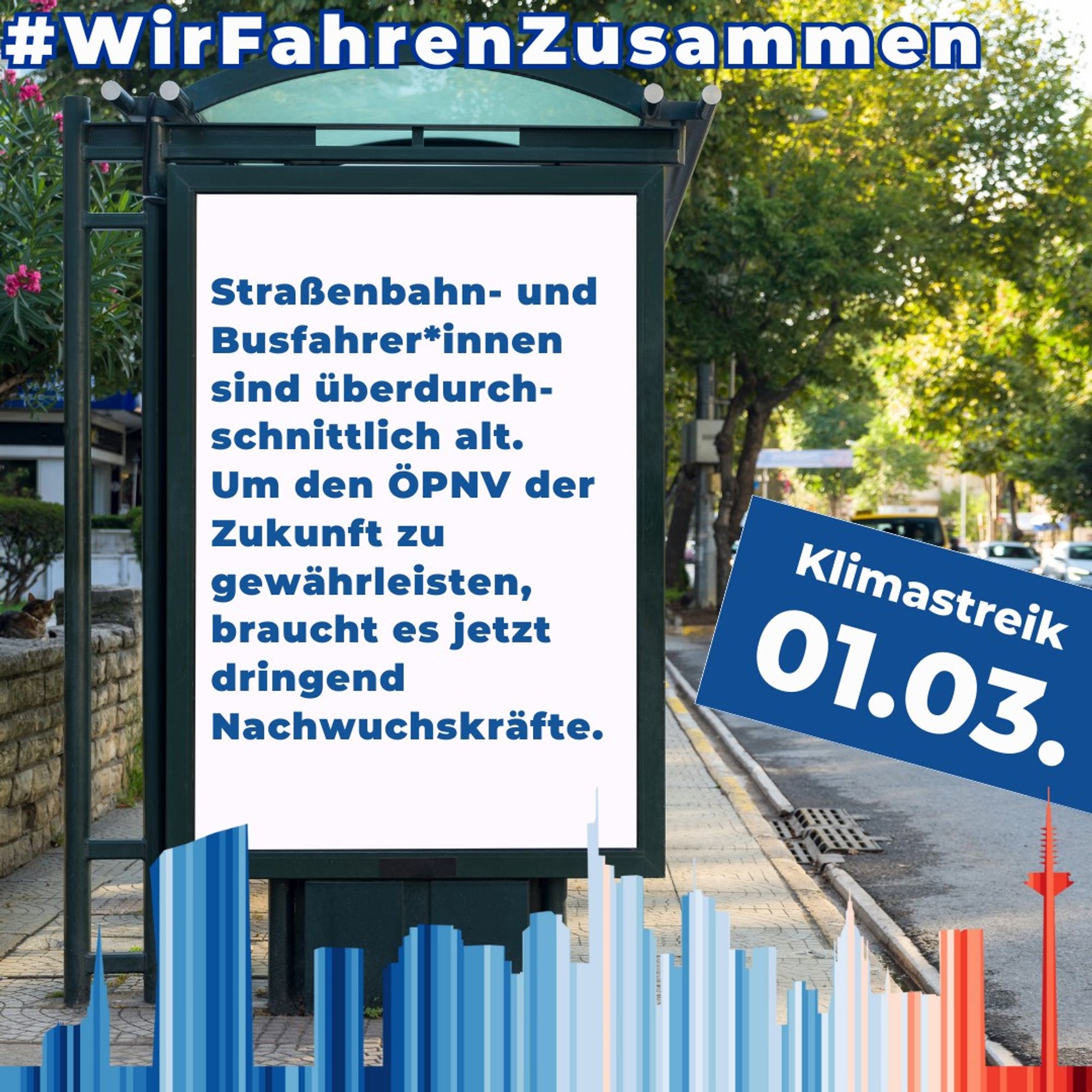 Am 01.03. ist wieder bundesweiter Klimastreik ! 🌏🔥 Gemeinsam mit Beschäftigten im Nahverkehr, Fahrgästen und Klimabewegten gehen wir für klimafreundliche Mobilität für alle auf die Straße 🚗🚊 Wusstest du: Straßenbahn- und Busfahrer*innen sind überdurch-schnittlich alt.  Um den ÖPNV der Zukunft zu gewährleisten, braucht es jetzt dringend Nachwuchskräfte