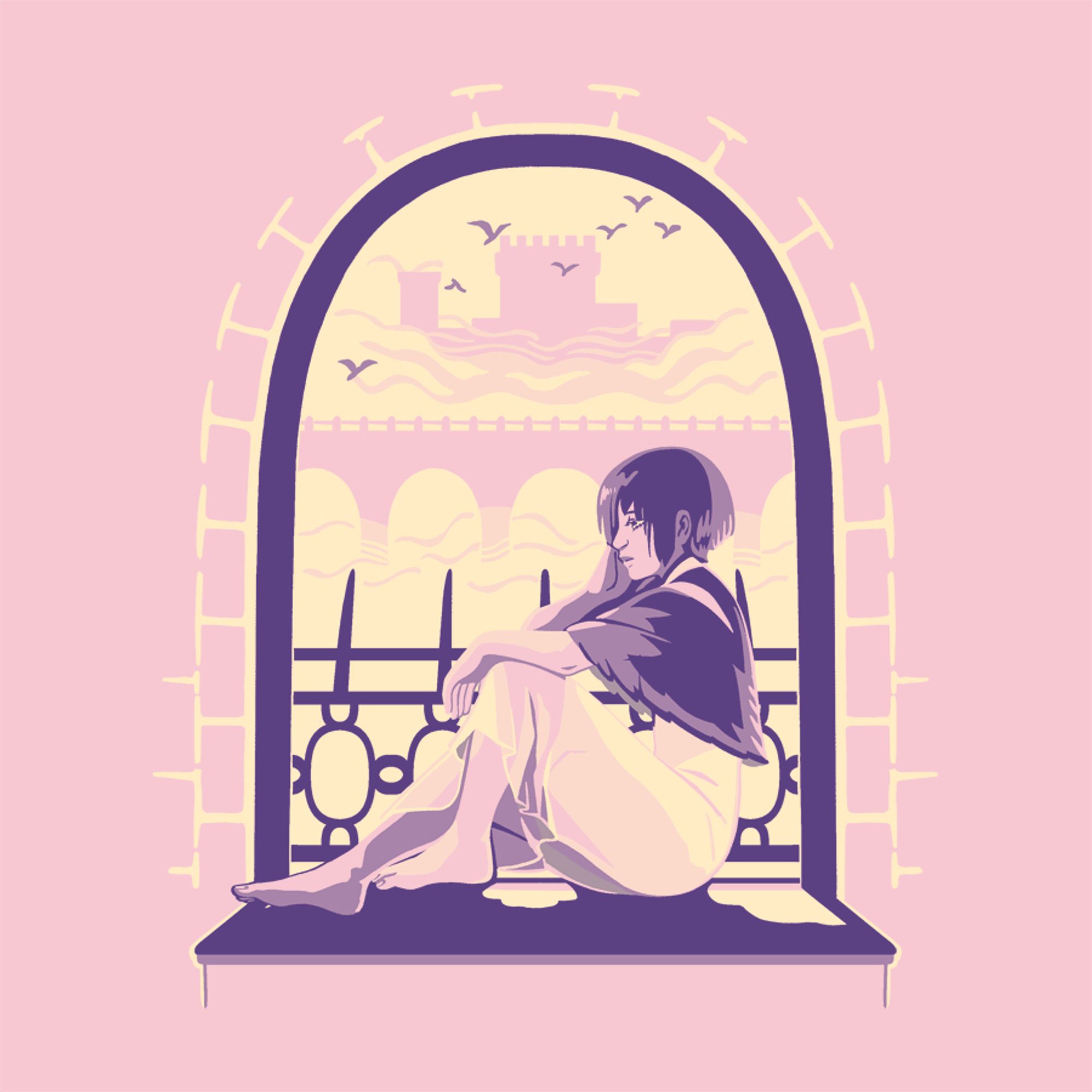 Yorda from the game Ico, sitting in a window. Outside and beyond her, we can see a view of a castle in the mist, and a flock of birds in the distance.