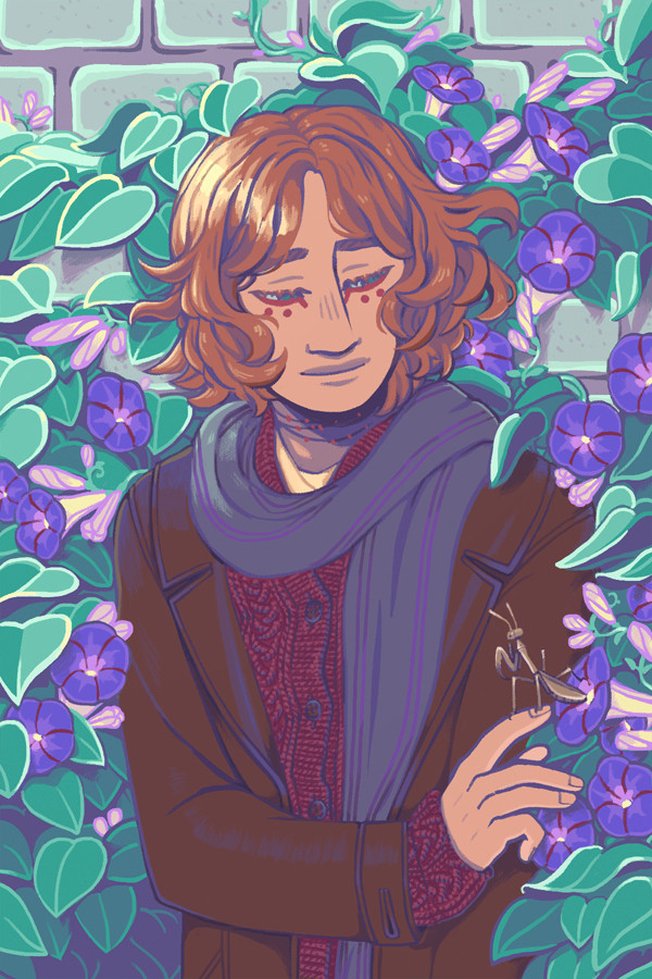 Re-post of an illustration of my OC, Isa, with some morning glories and a little praying mantis friend.