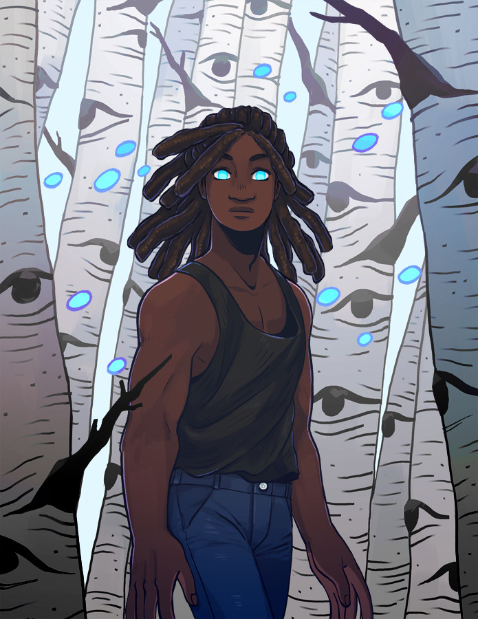 A re-post of an illustration of my OC, Glass, posing with some aspen trees because they're cool and look like they have eyes.