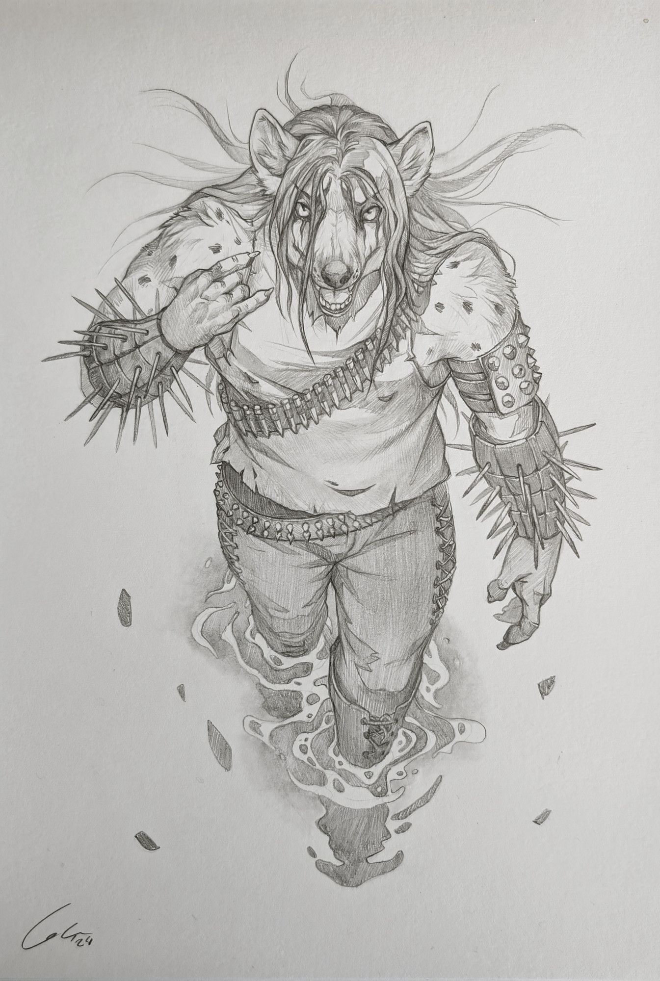 A male hyena with long hair blowing in the wind, walking through some ankle-deep water in leather gear adorned with studs and spikes.  His face is painted in corpse paint and he's throwing up the devil horns on one hand as he looks forward with a devious grin.