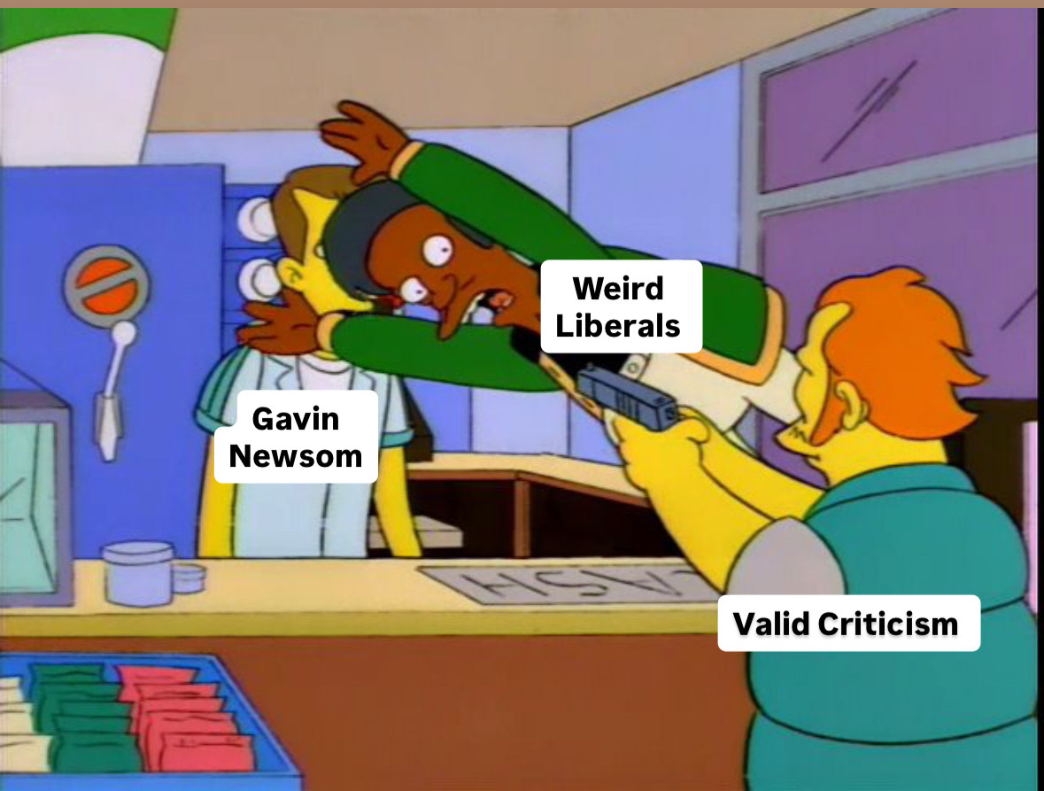 still from The Simpsons episode “Homer and Apu” (S5 E13) where Apu jumps in front of James Woods to save him from being shot by a robber.

this image in particular is a spin of that often seen “Weird Nerds defending Elon from Valid Criticism”meme except it’s weird liberals defending Gavin Newsom  