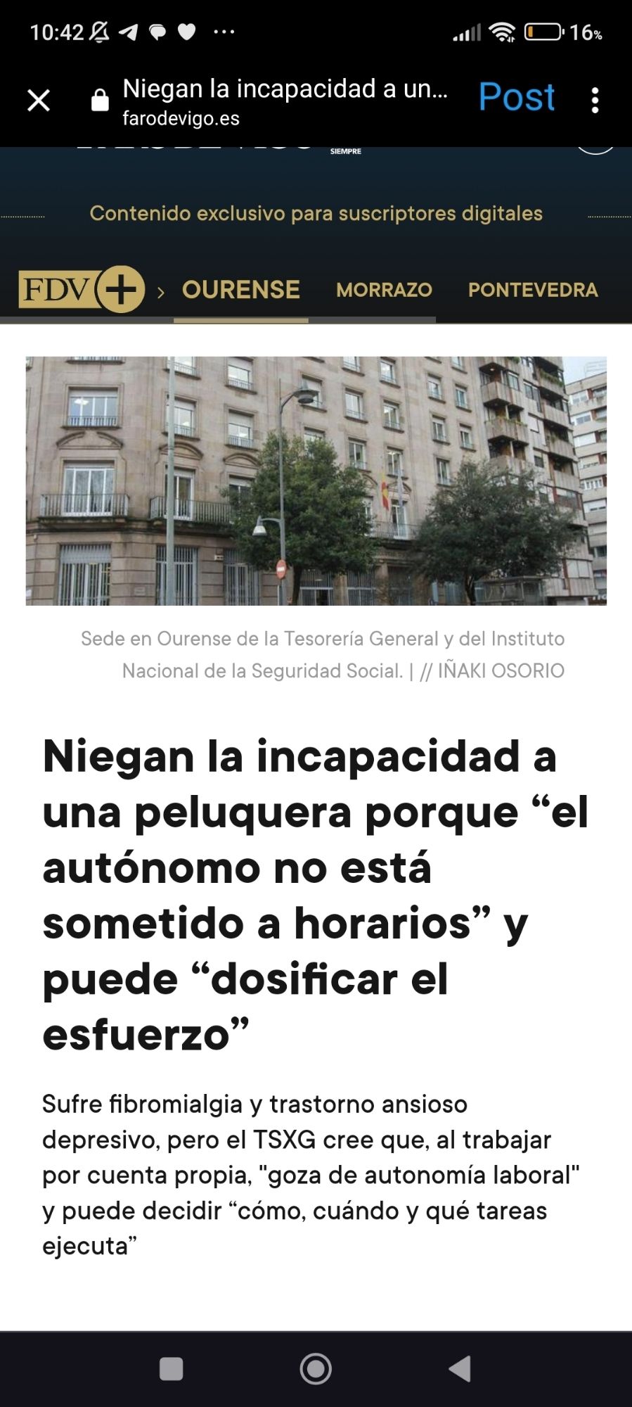 Titular que dice que en el TSXG niegan la incapacidad a una peluquera porque “el autónomo no está sometido a horarios” y puede “dosificar el esfuerzo”.