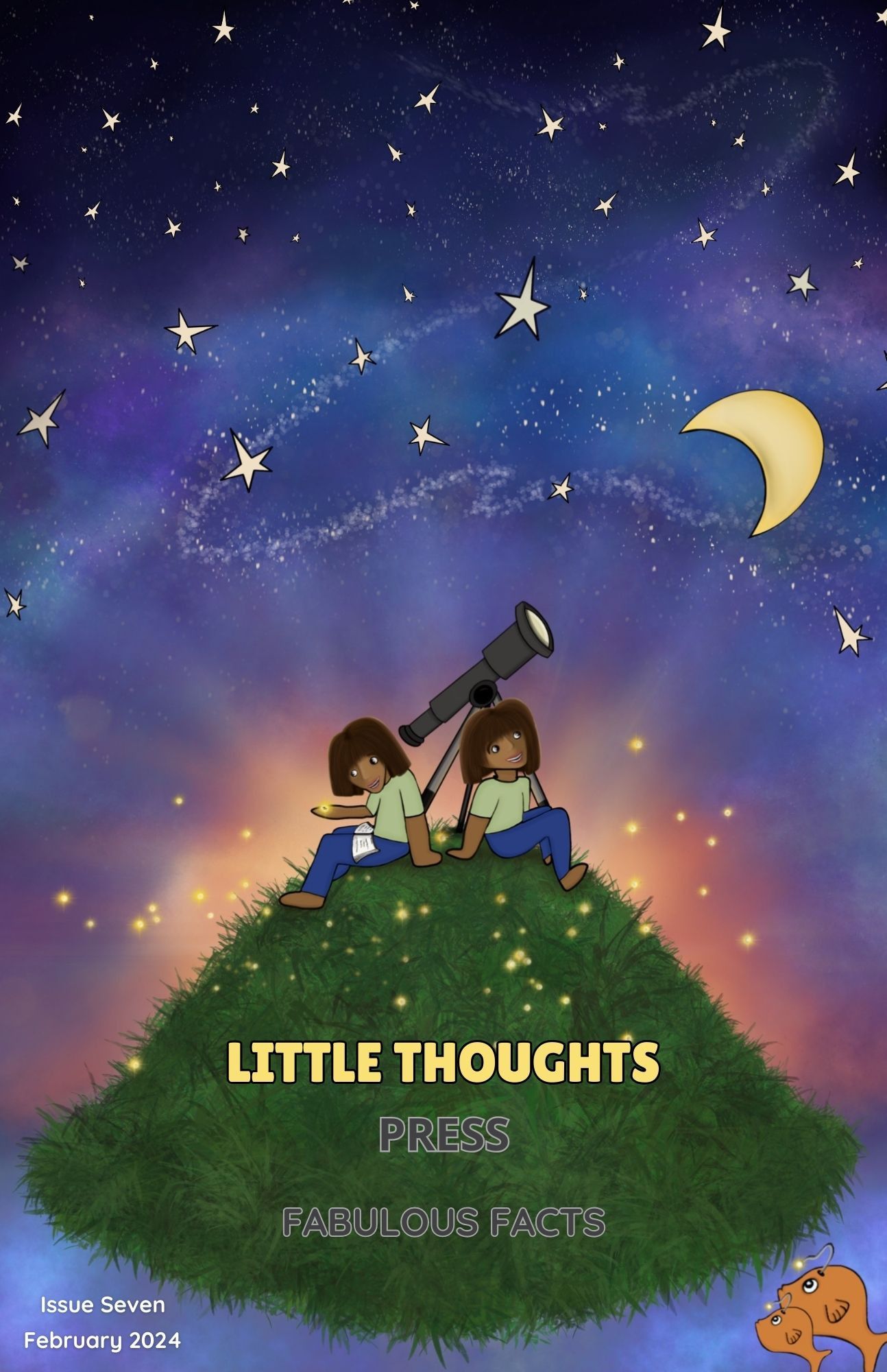 Little Thoughts Press Issue 7: Fabulous Facts cover. An illustration of two children sitting on a hill. One stares up at a starry sky and the other marvels at fireflies.